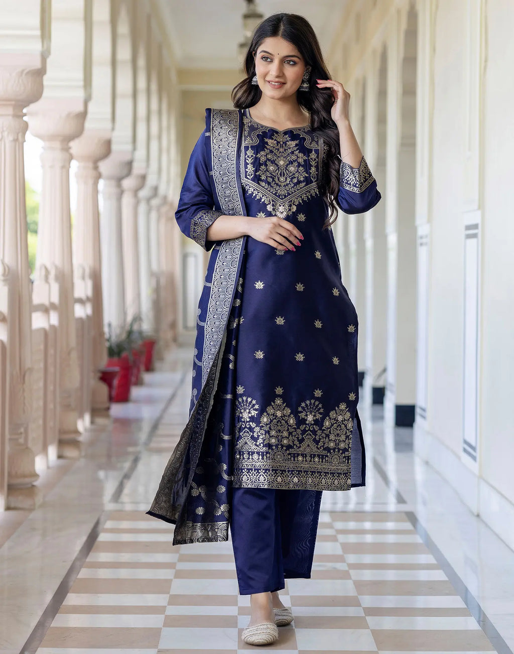 Silk Blend Woven Woven Straight 3 Piece Kurta Set