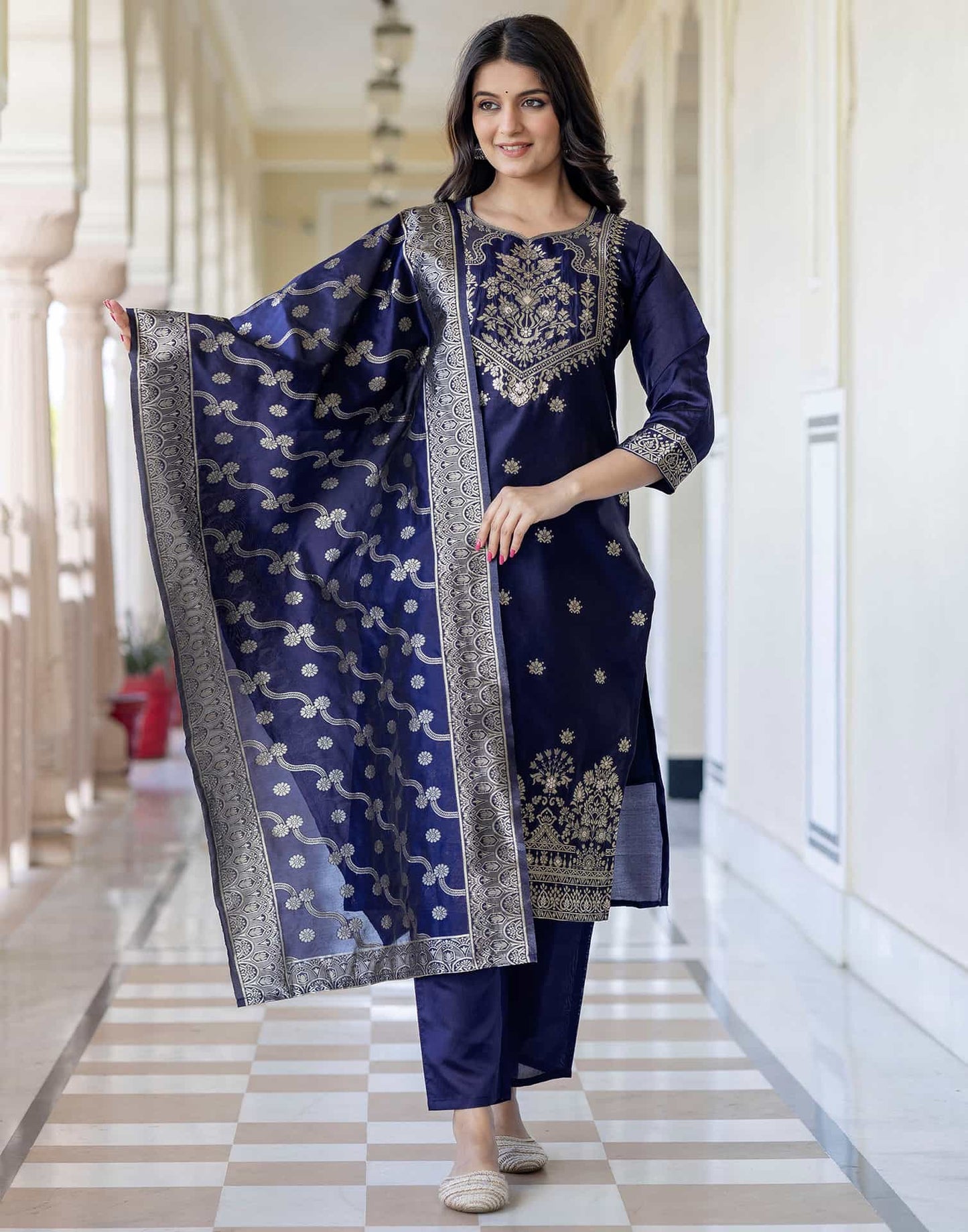 Silk Blend Weaving Straight Kurta with Pant & Dupatta