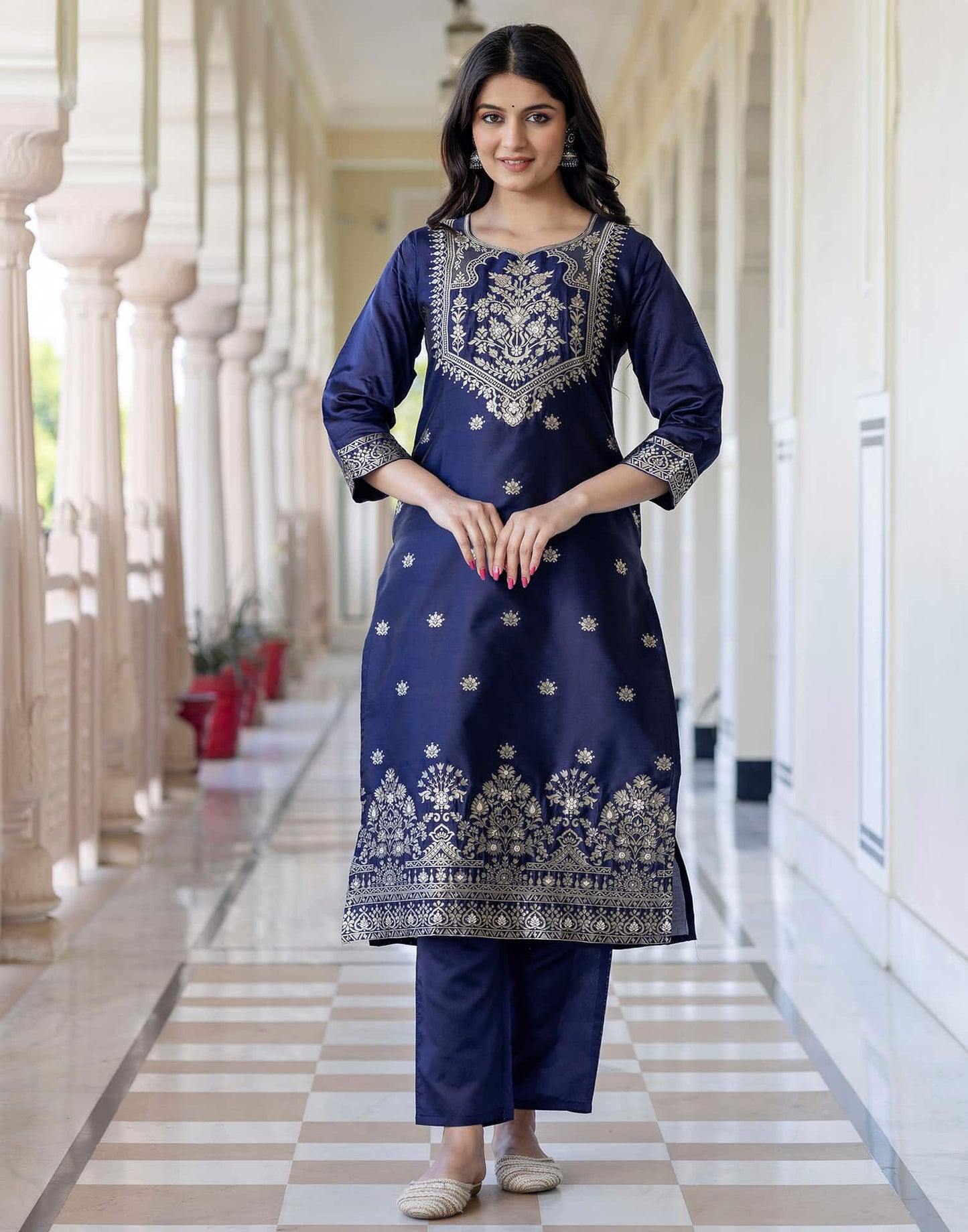 Silk Blend Weaving Straight Kurta with Pant & Dupatta
