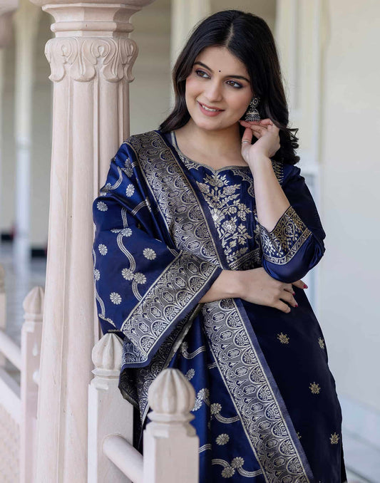 Silk Blend Weaving Straight Kurta with Pant & Dupatta