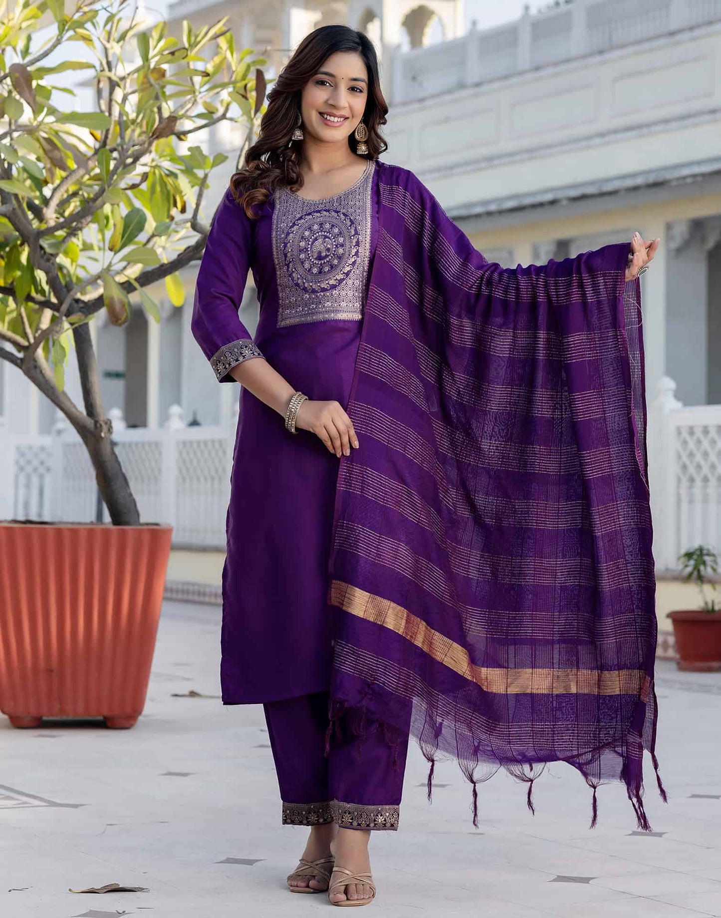 Cotton Blend Weaving and Lace Straight Kurta with Pant & Dupatta