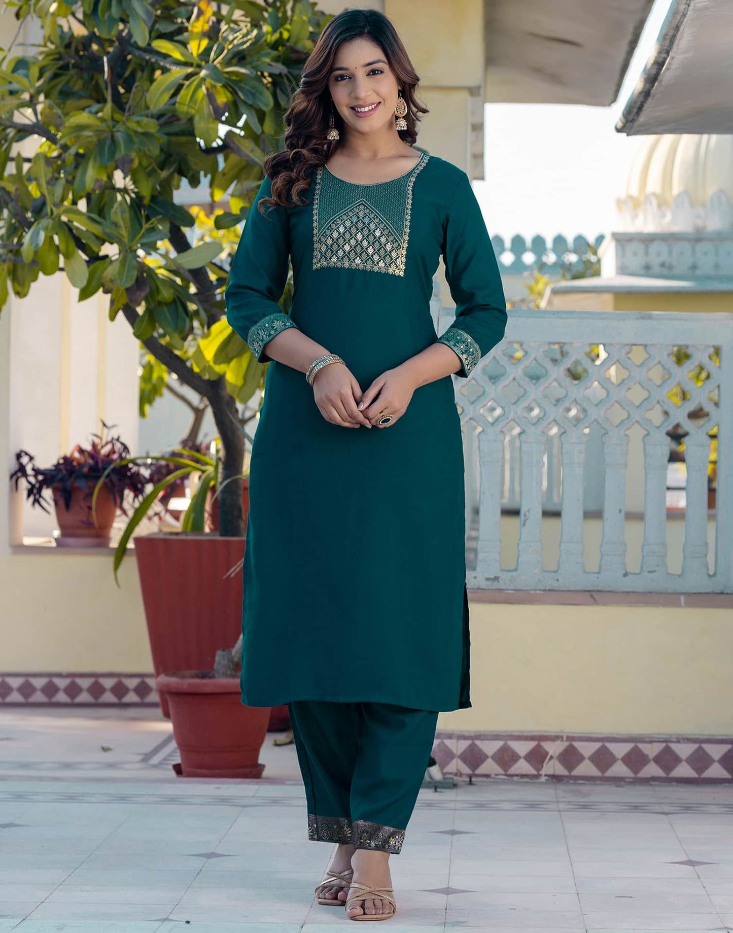Cotton Blend Weaving and Lace Straight Kurta with Pant & Dupatta