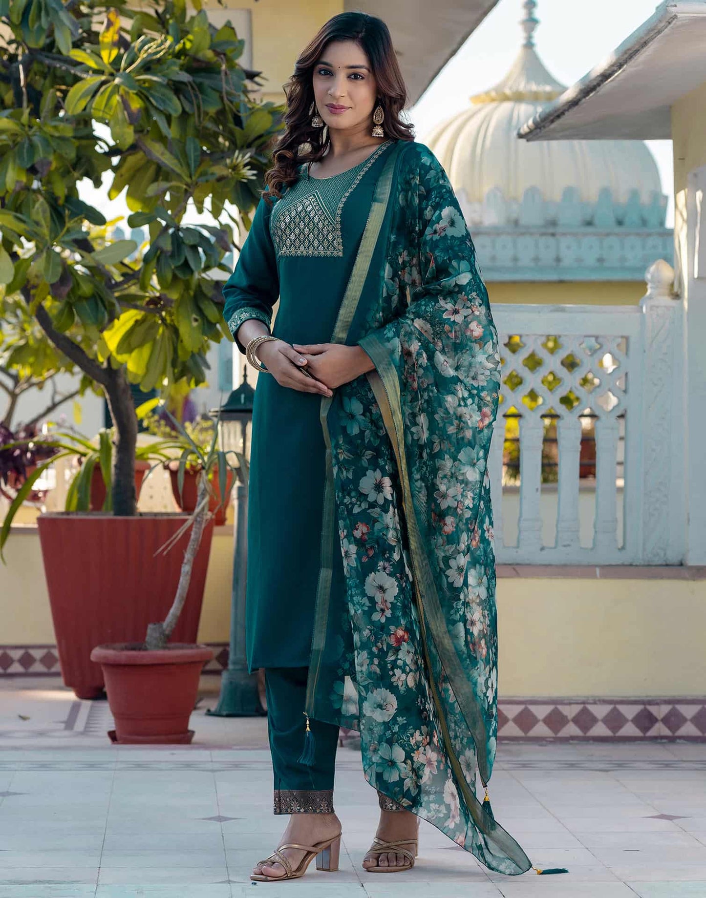 Cotton Blend Weaving and Lace Straight Kurta with Pant & Dupatta