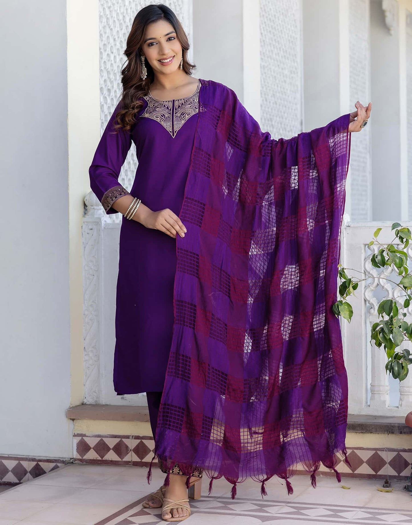 Cotton Blend Weaving and Lace Straight Kurta with Pant & Dupatta