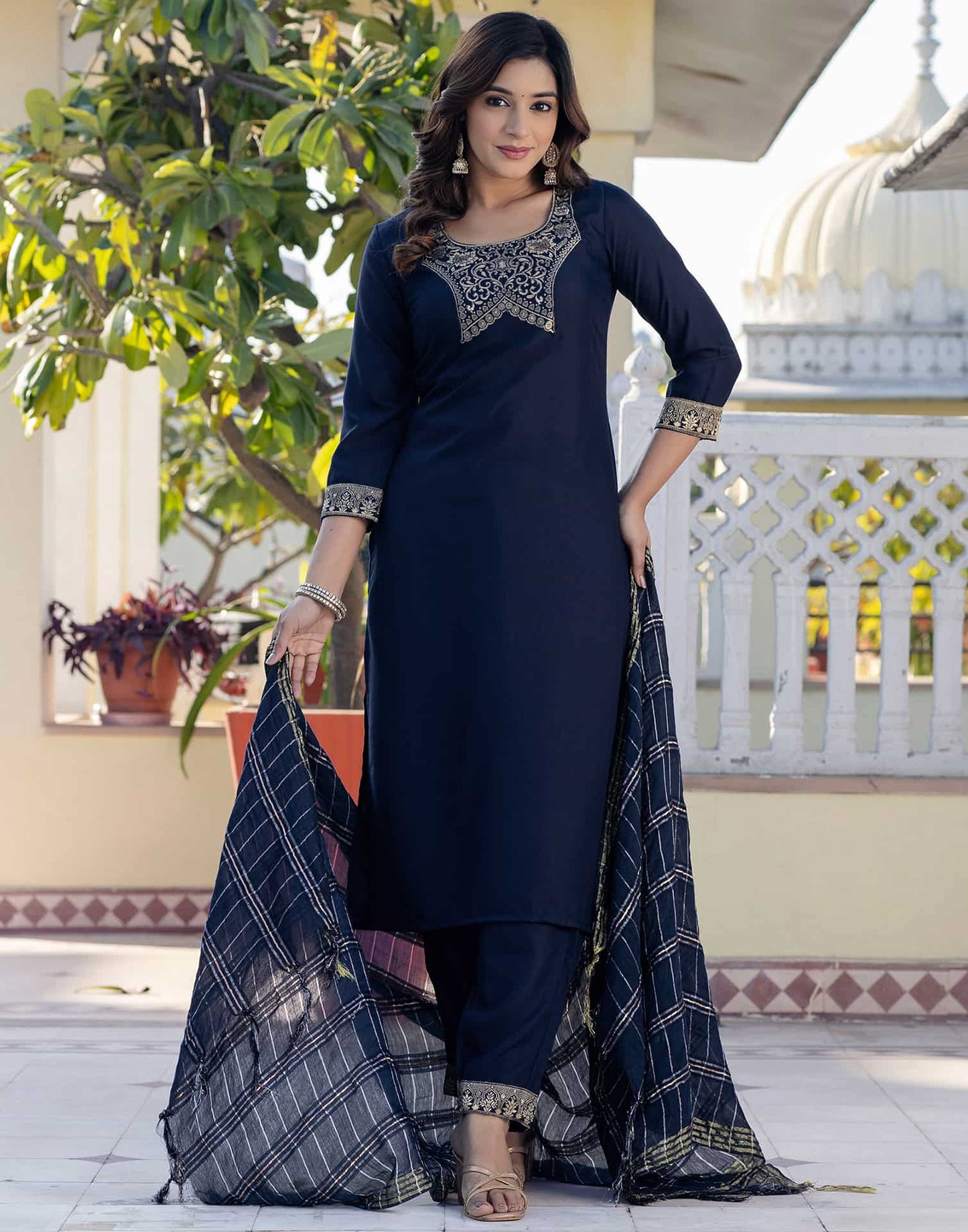 Cotton Blend Weaving and Lace Straight Kurta with Pant & Dupatta