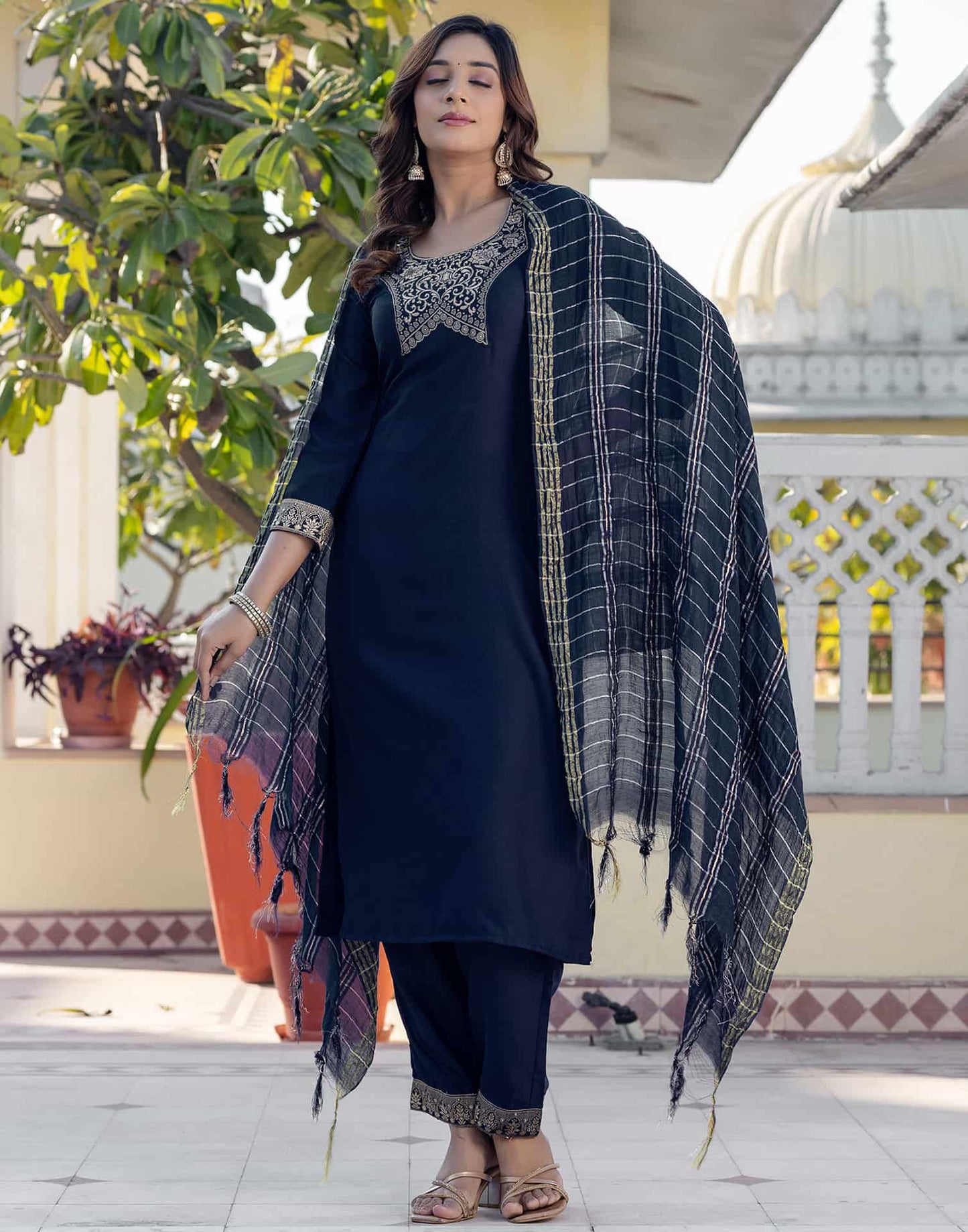 Cotton Blend Weaving and Lace Straight Kurta with Pant & Dupatta