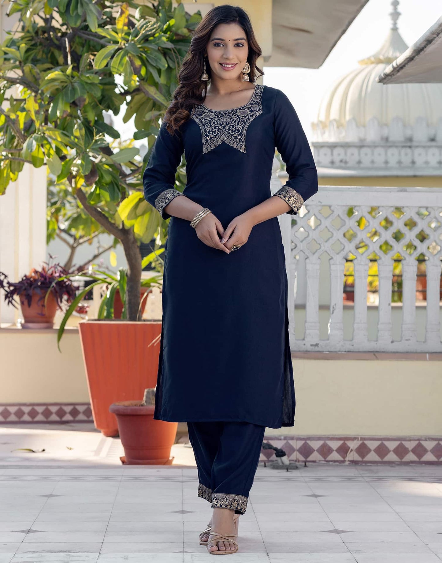 Cotton Blend Weaving and Lace Straight Kurta with Pant & Dupatta
