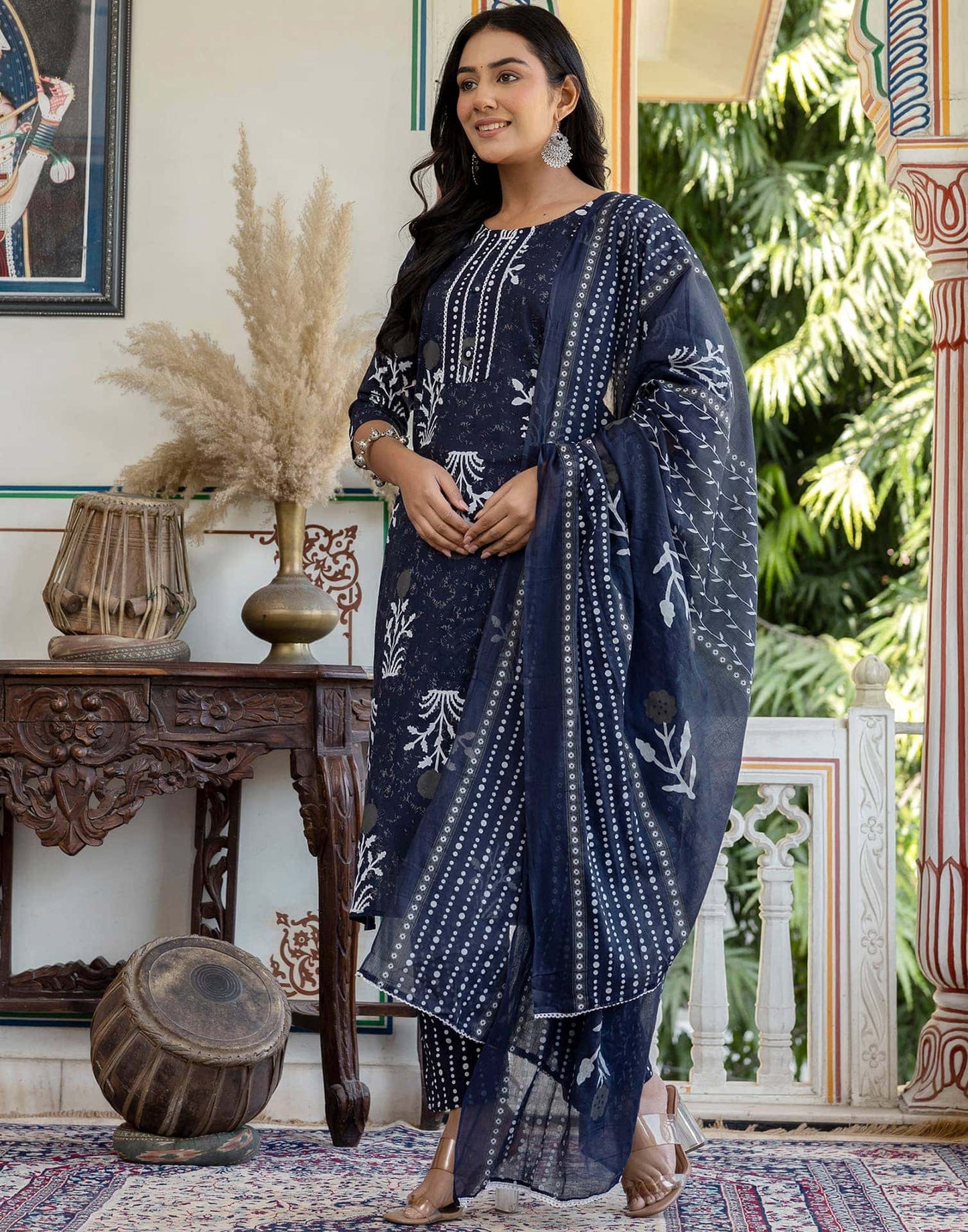 Cotton Floral Printed, Lace Straight Kurta with Pant & Dupatta