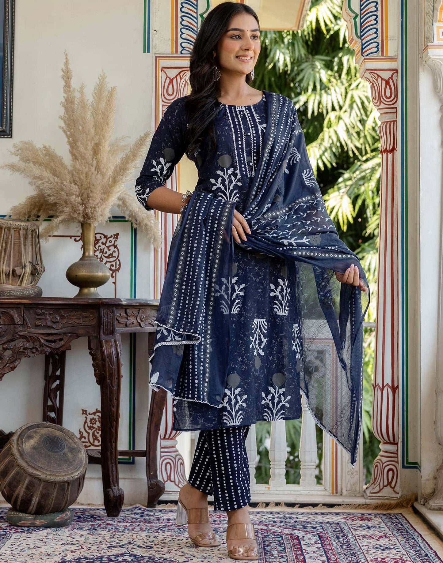 Cotton Floral Printed, Lace Straight Kurta with Pant & Dupatta