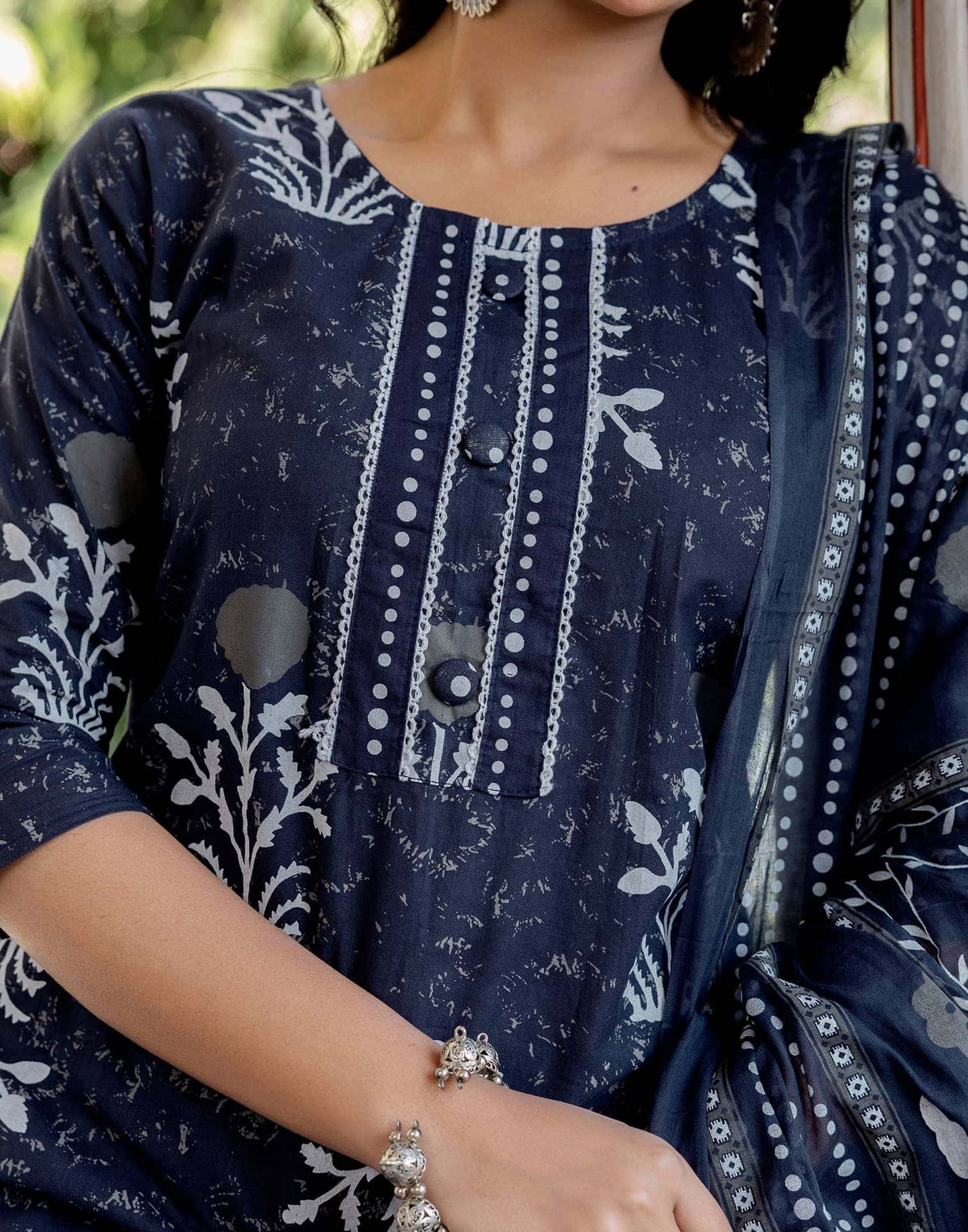 Cotton Floral Printed, Lace Straight Kurta with Pant & Dupatta