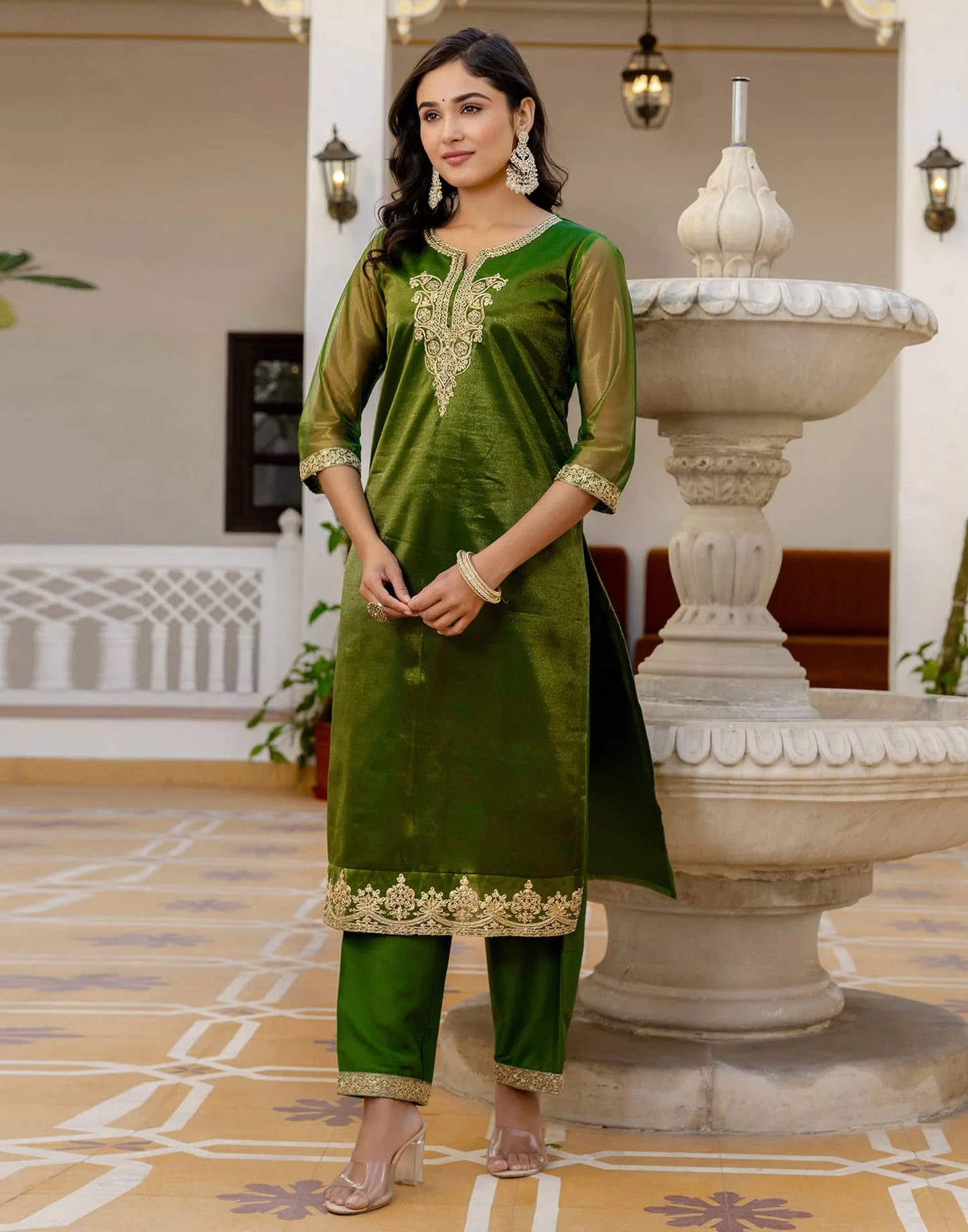 Net Sequins, Embroidery and Gota Lace Straight Kurta with Pant & Dupatta