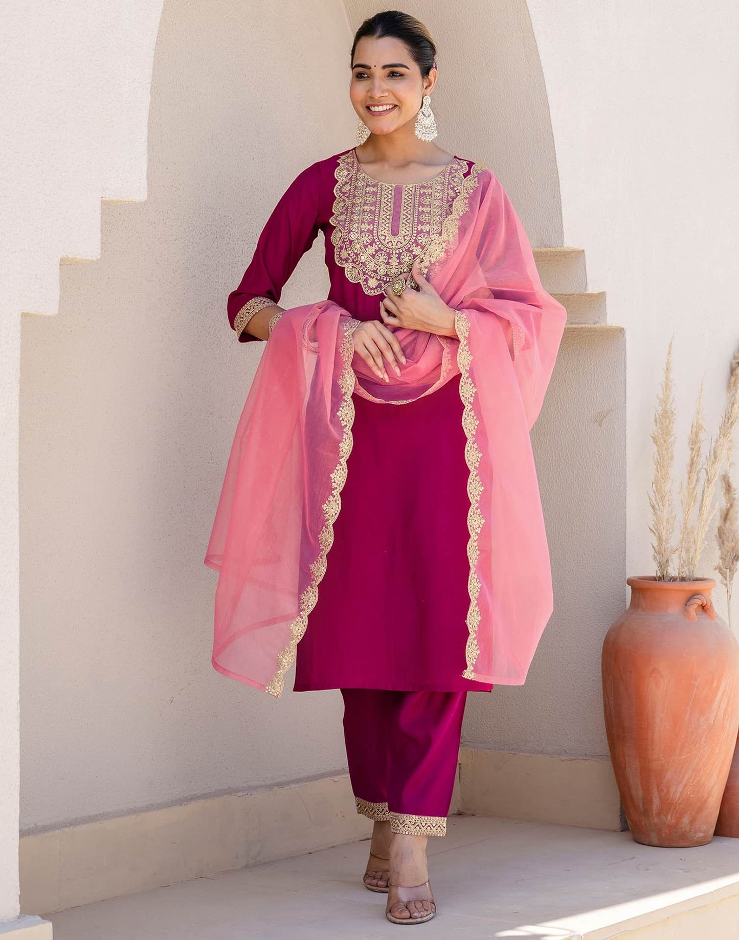 Silk Blend Embroidery and Sequins Work Straight Kurta with Pant & Dupatta