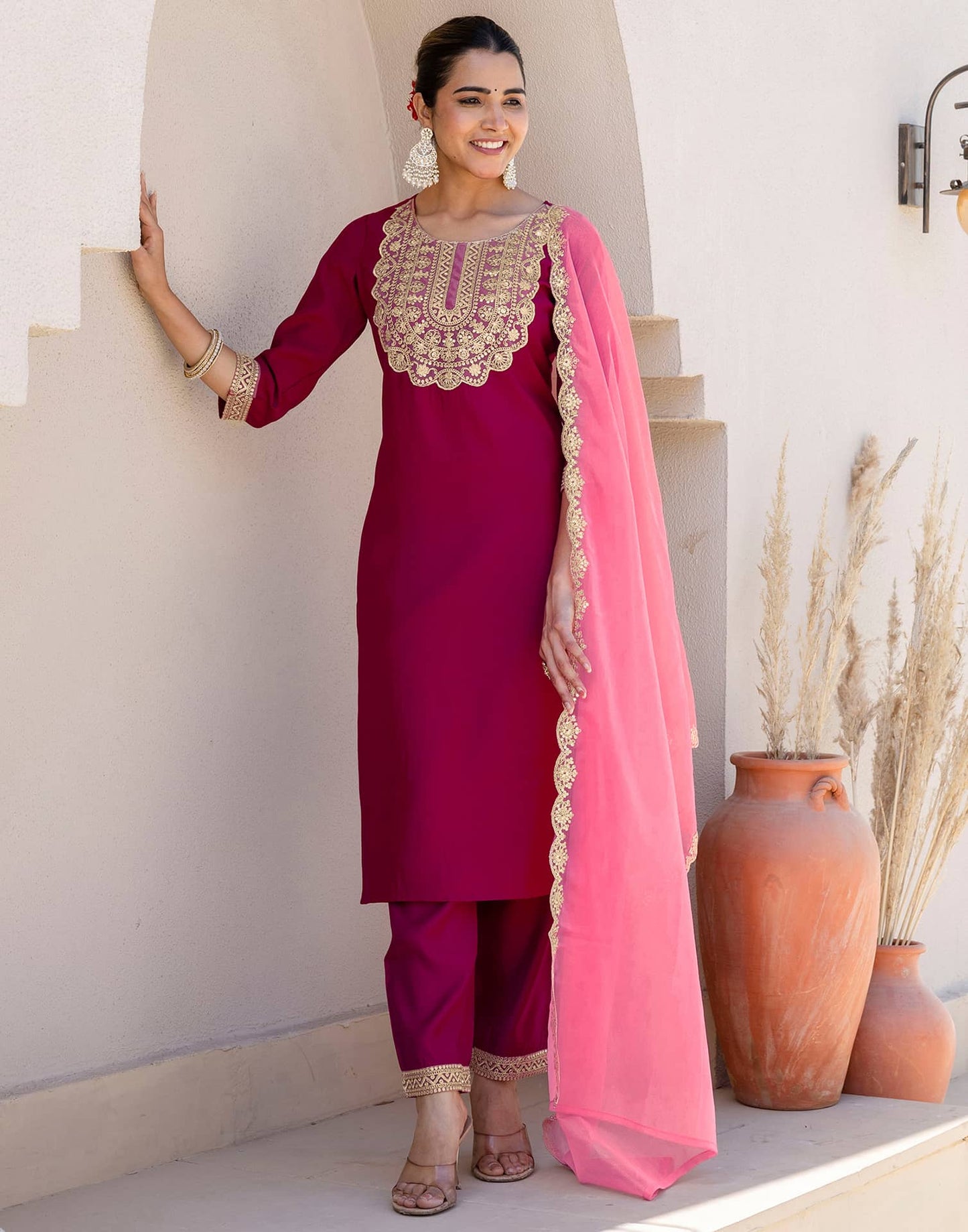 Silk Blend Embroidery and Sequins Work Straight Kurta with Pant & Dupatta