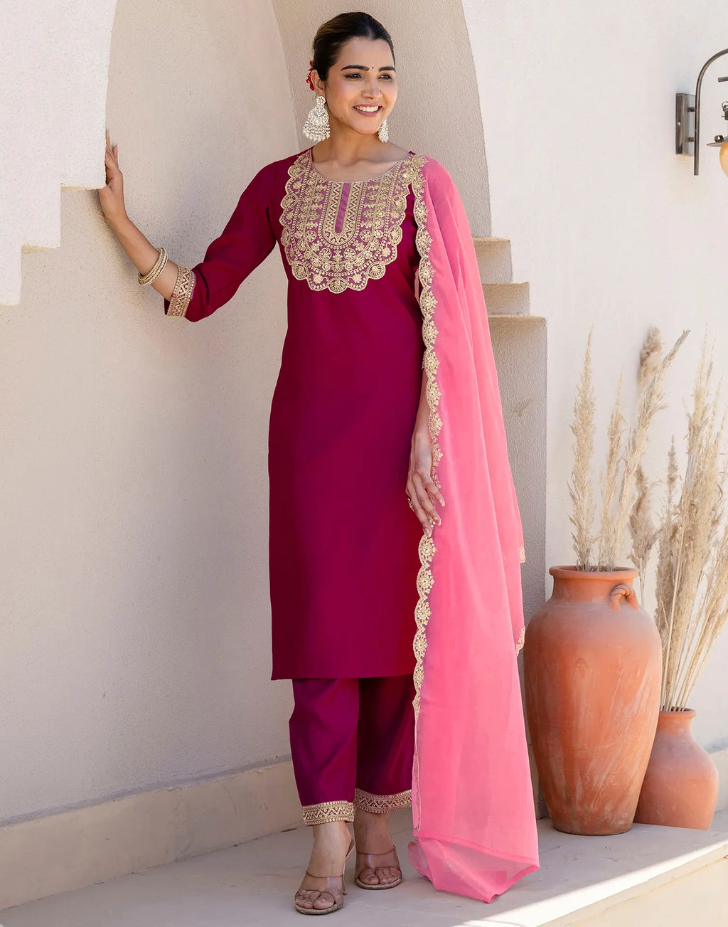 Silk Blend Embroidered Straight 3 Piece Kurta Set