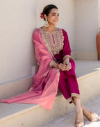Silk Blend Embroidered Straight 3 Piece Kurta Set