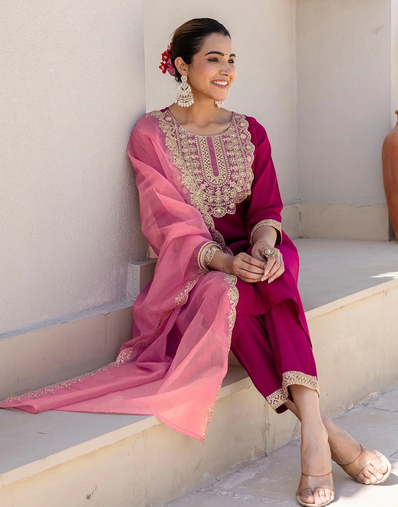 Silk Blend Embroidered Straight 3 Piece Kurta Set