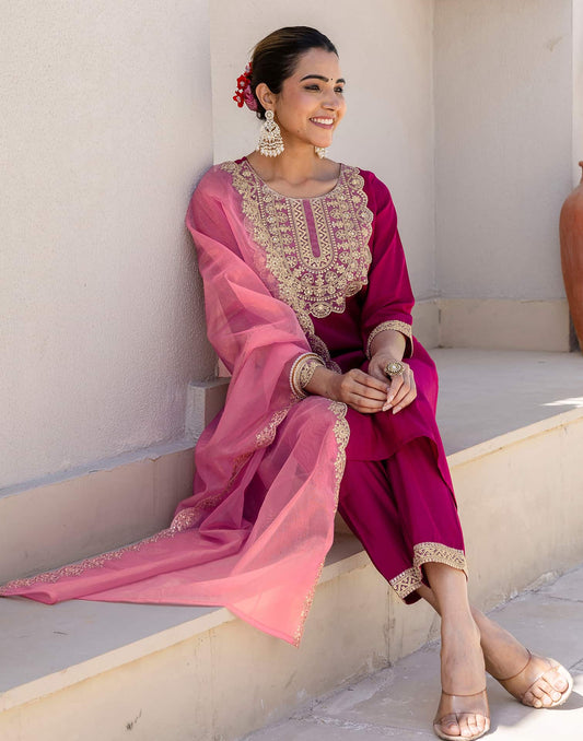 Silk Blend Embroidery and Sequins Work Straight Kurta with Pant & Dupatta