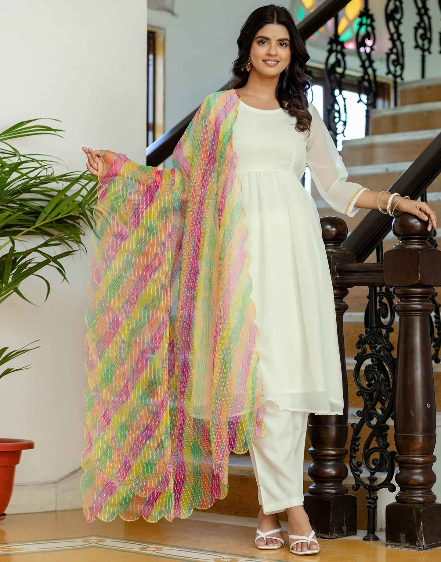 Georgette Solid and Lace A-Line Kurta with Pant & Dupatta