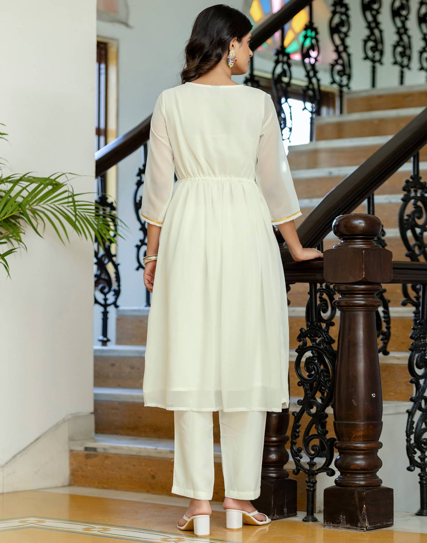 Georgette Solid and Lace A-Line Kurta with Pant & Dupatta