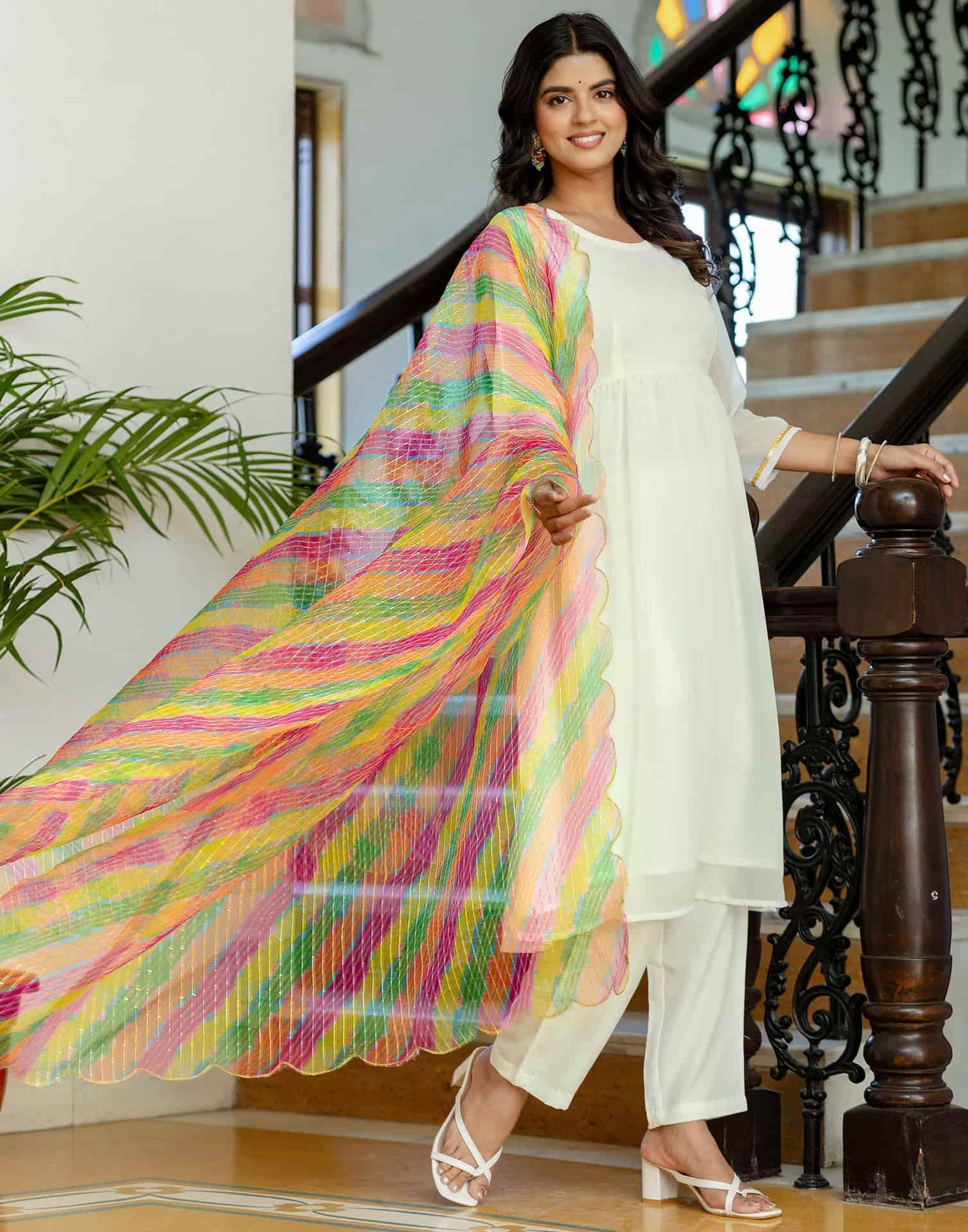Georgette Solid and Lace A-Line Kurta with Pant & Dupatta