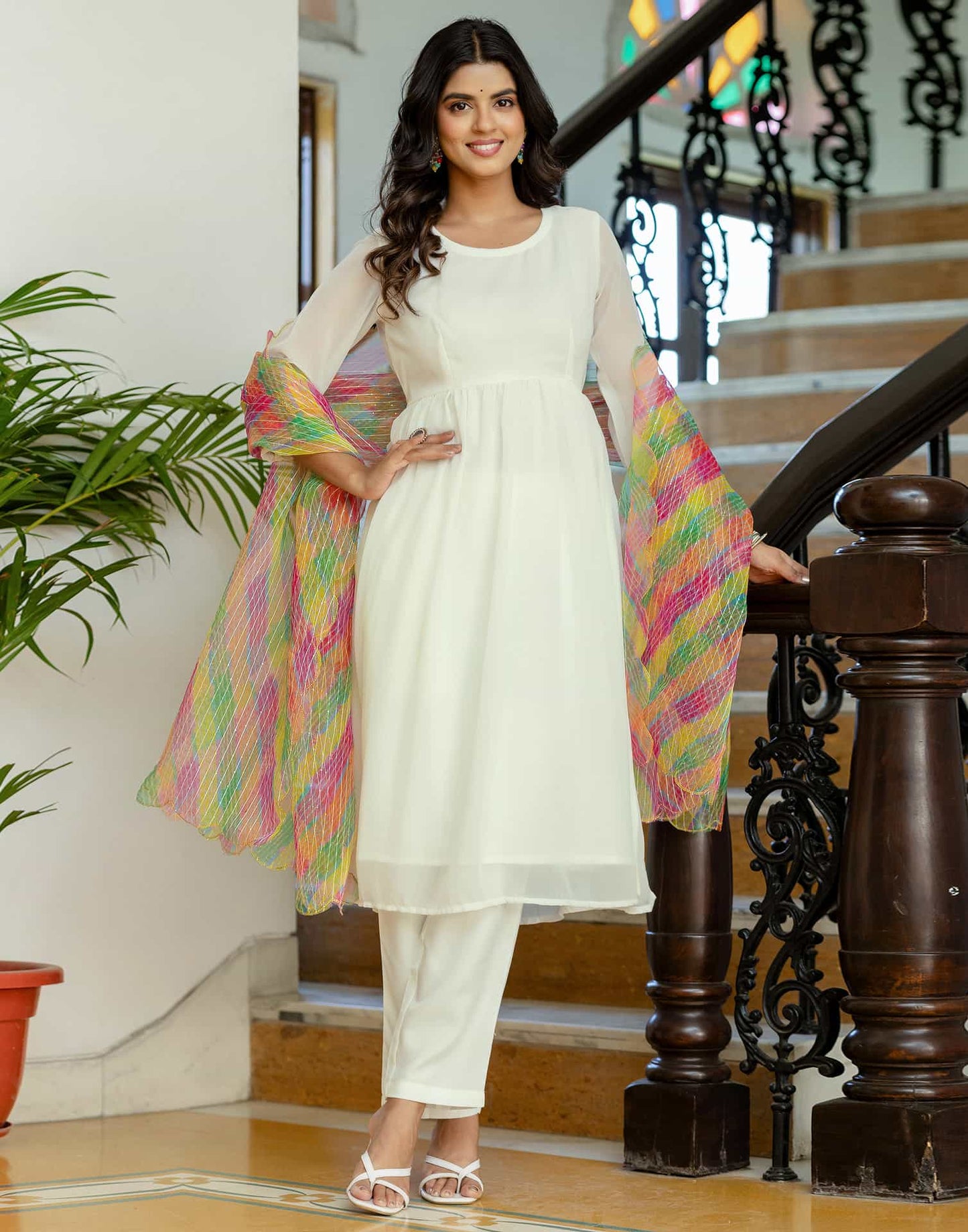 Georgette Solid and Lace A-Line Kurta with Pant & Dupatta