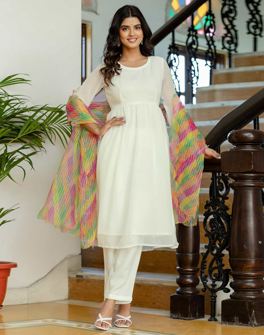 Georgette Solid and Lace A-Line Kurta with Pant & Dupatta