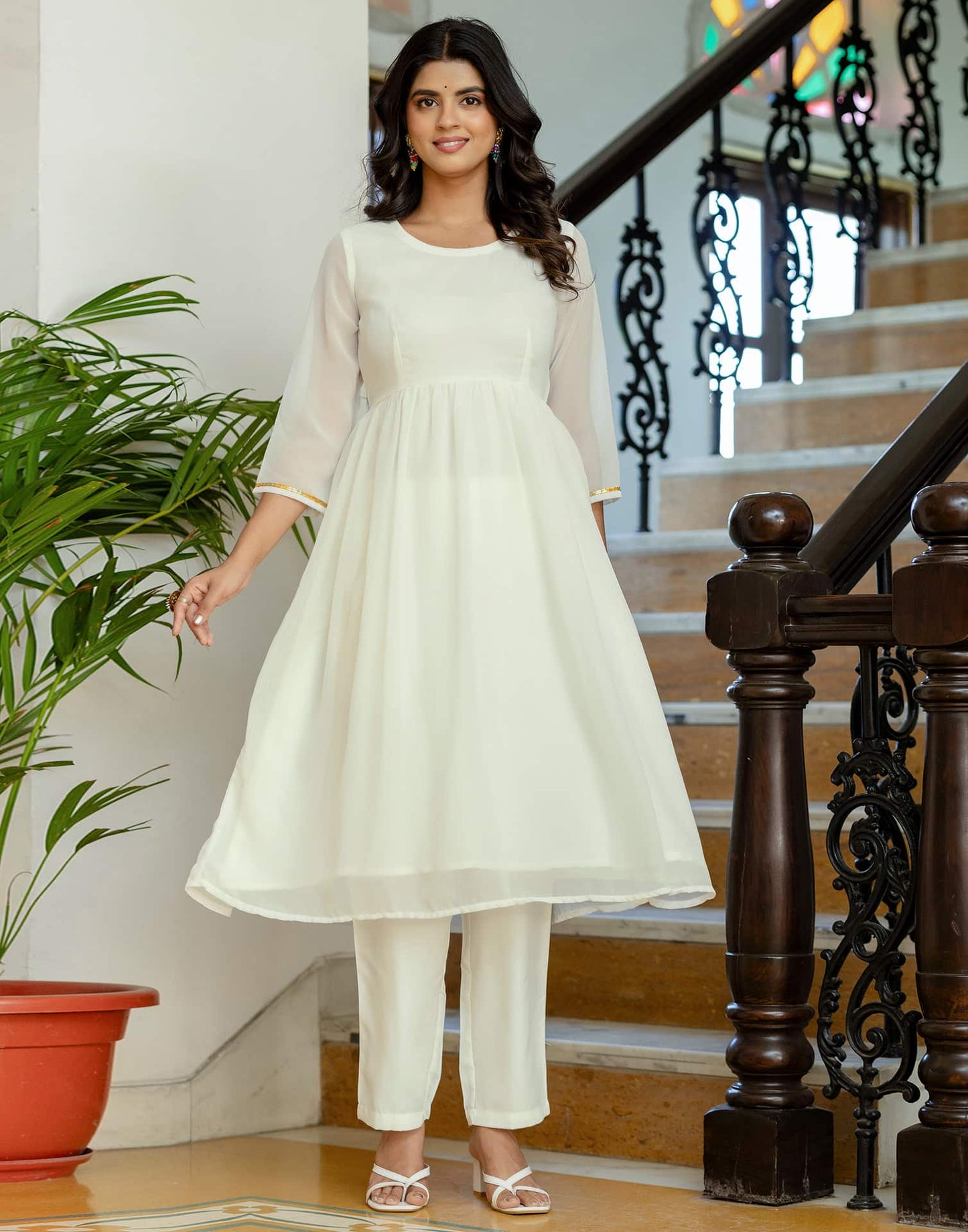 Georgette Solid and Lace A-Line Kurta with Pant & Dupatta