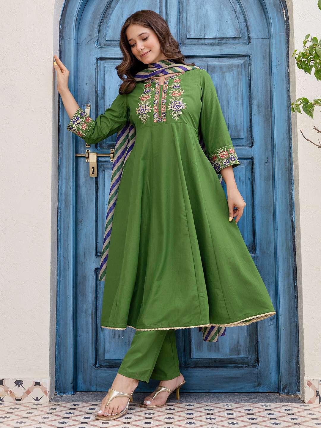 Cotton Sequins Enbroidery Work, Lace Anarkali Kurta with Pant & Dupatta