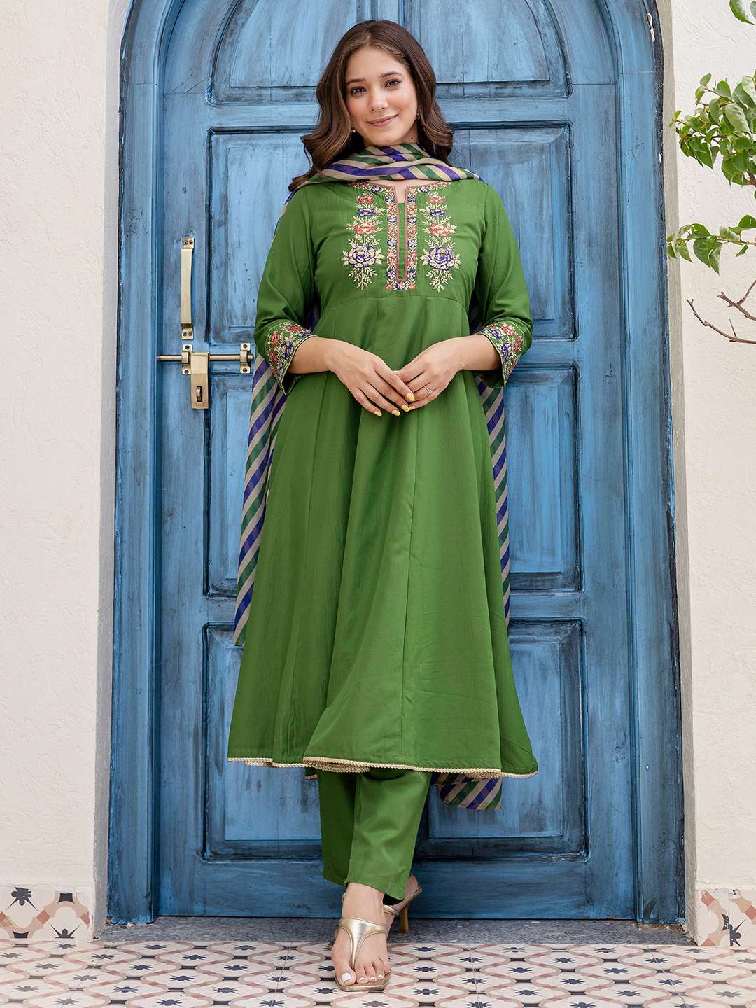 Cotton Sequins Enbroidery Work, Lace Anarkali Kurta with Pant & Dupatta