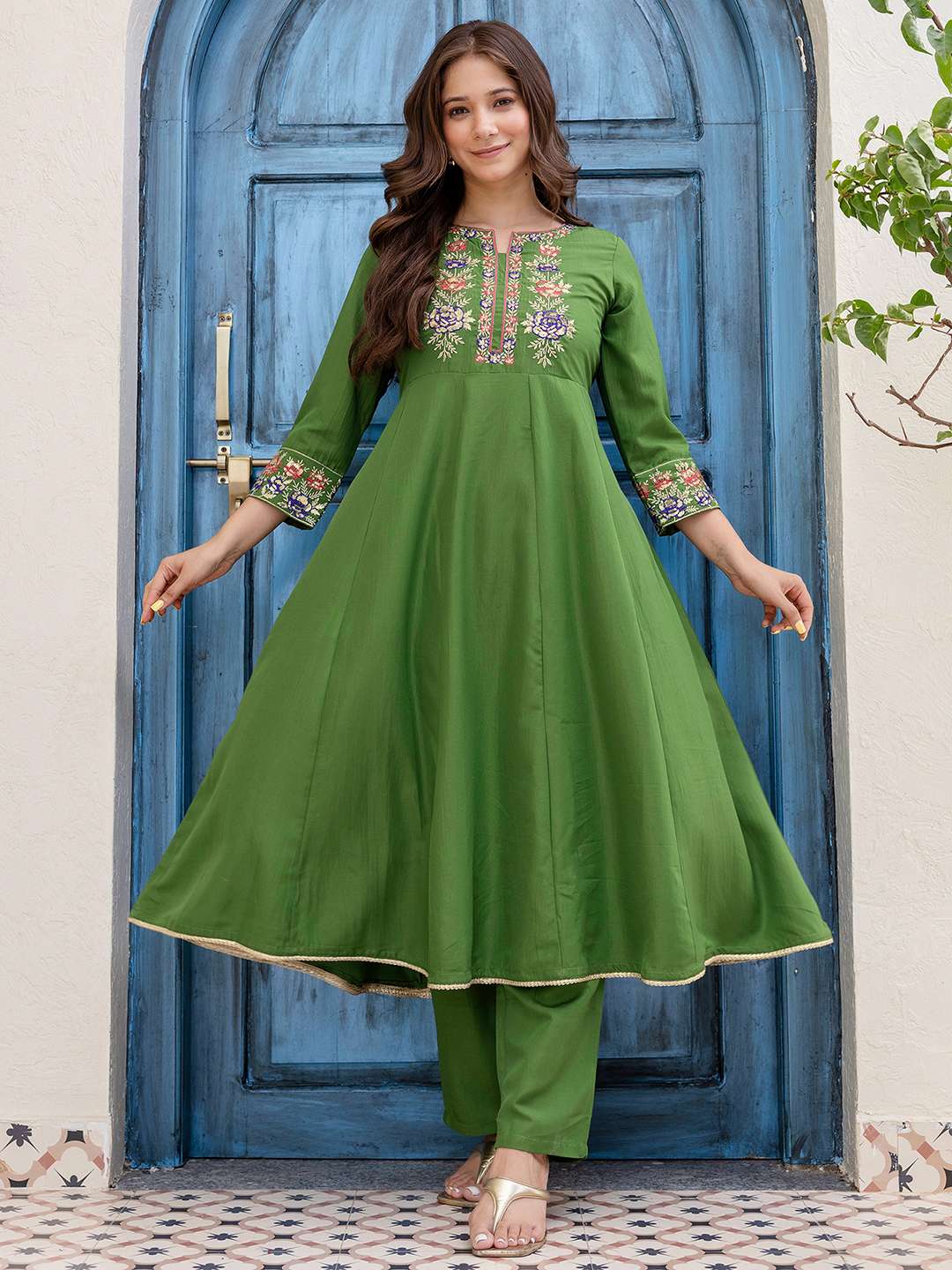 Cotton Sequins Enbroidery Work, Lace Anarkali Kurta with Pant & Dupatta