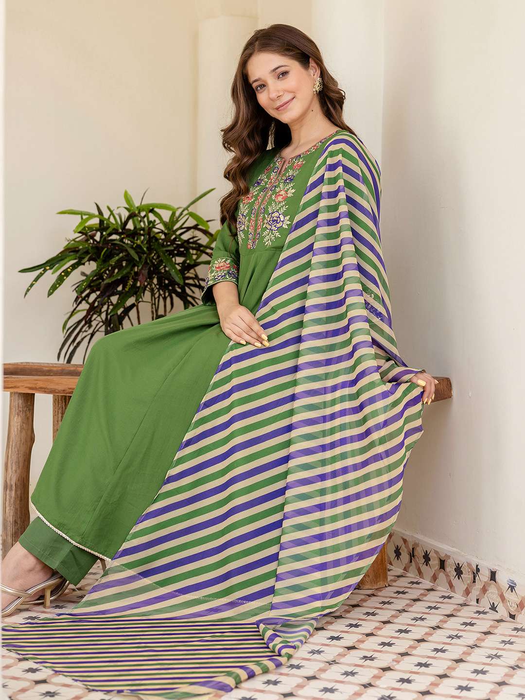 Cotton Sequins Enbroidery Work, Lace Anarkali Kurta with Pant & Dupatta