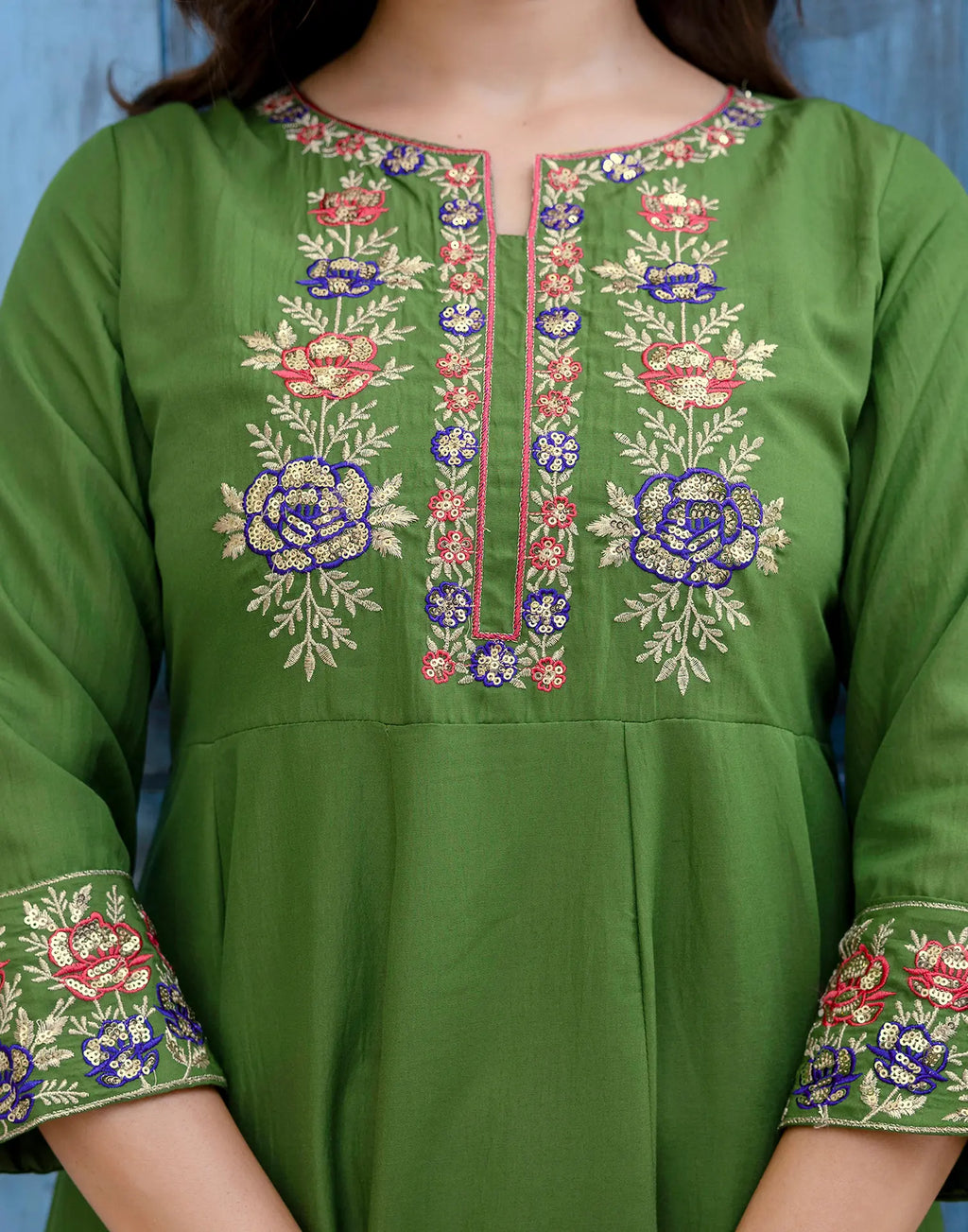 Poly Chinnon Embroidered Anarkali 3 Piece Kurta Set