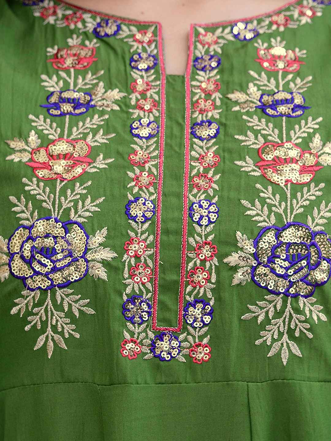 Cotton Sequins Enbroidery Work, Lace Anarkali Kurta with Pant & Dupatta