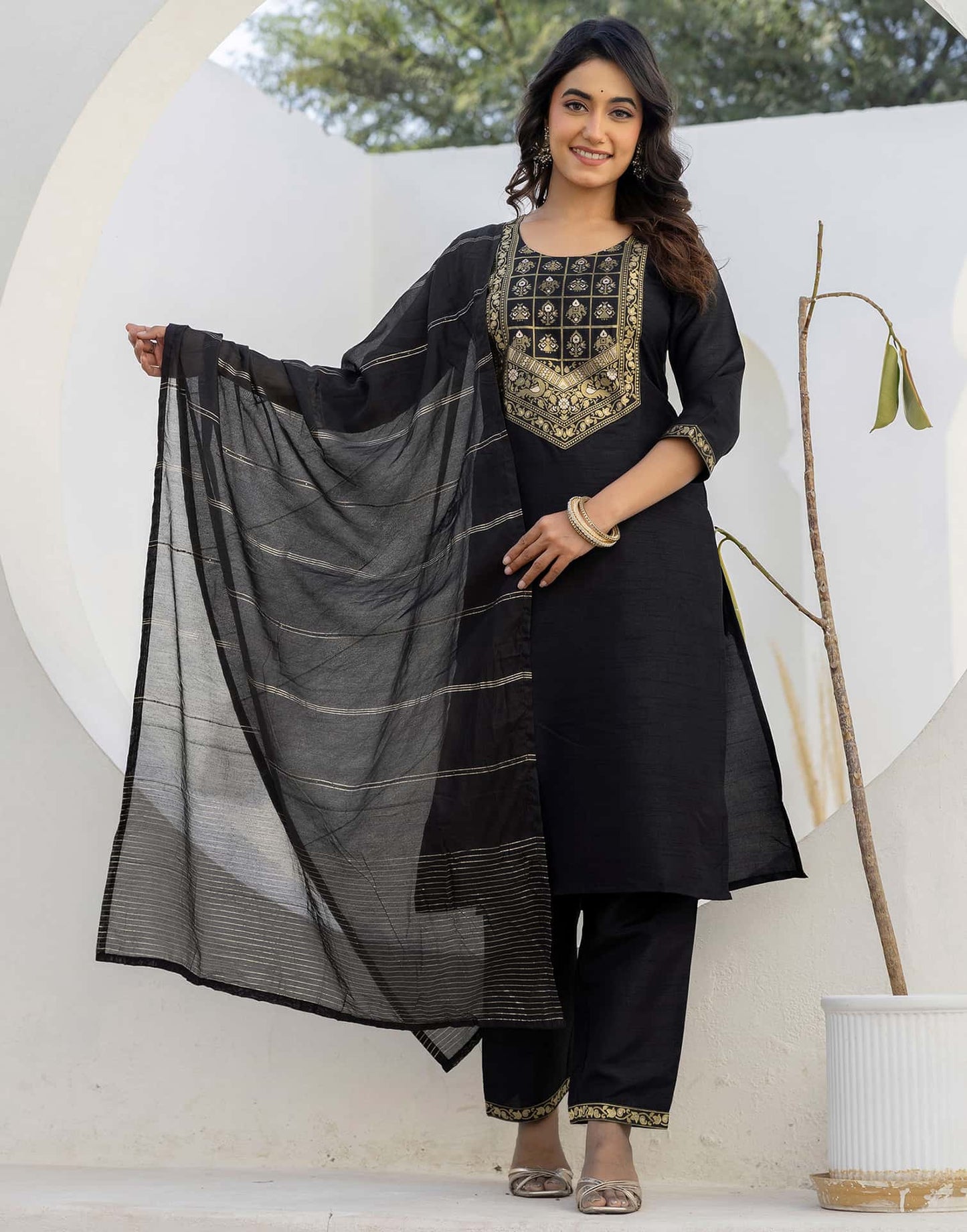 Silk Woven Design Straight Kurta with Pant & Dupatta