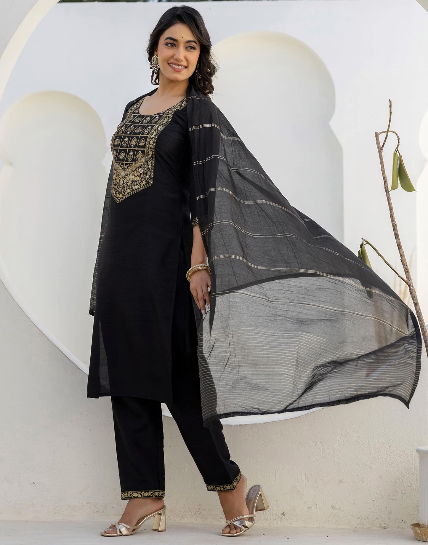 Silk Woven Design Straight Kurta with Pant & Dupatta