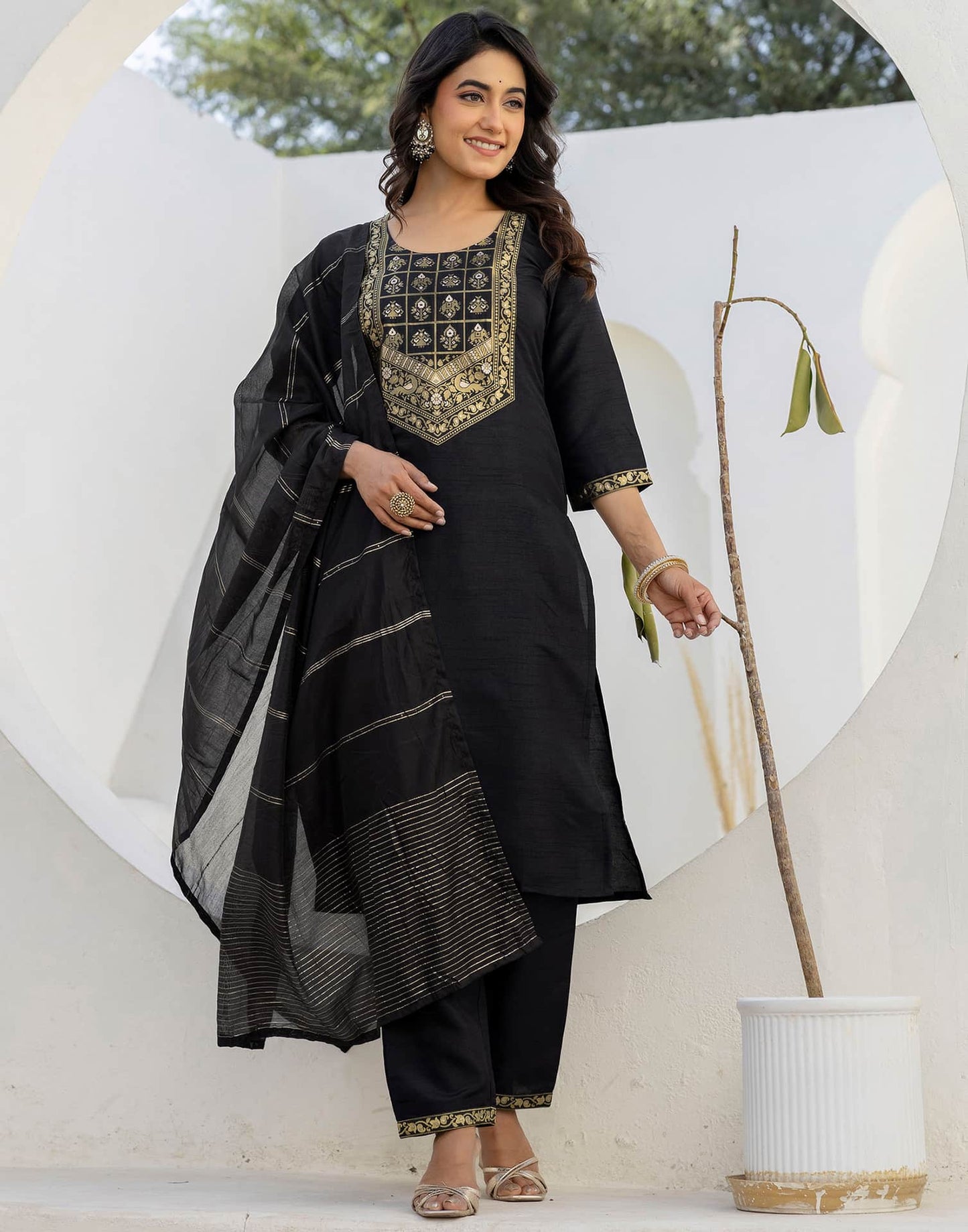 Silk Woven Design Straight Kurta with Pant & Dupatta