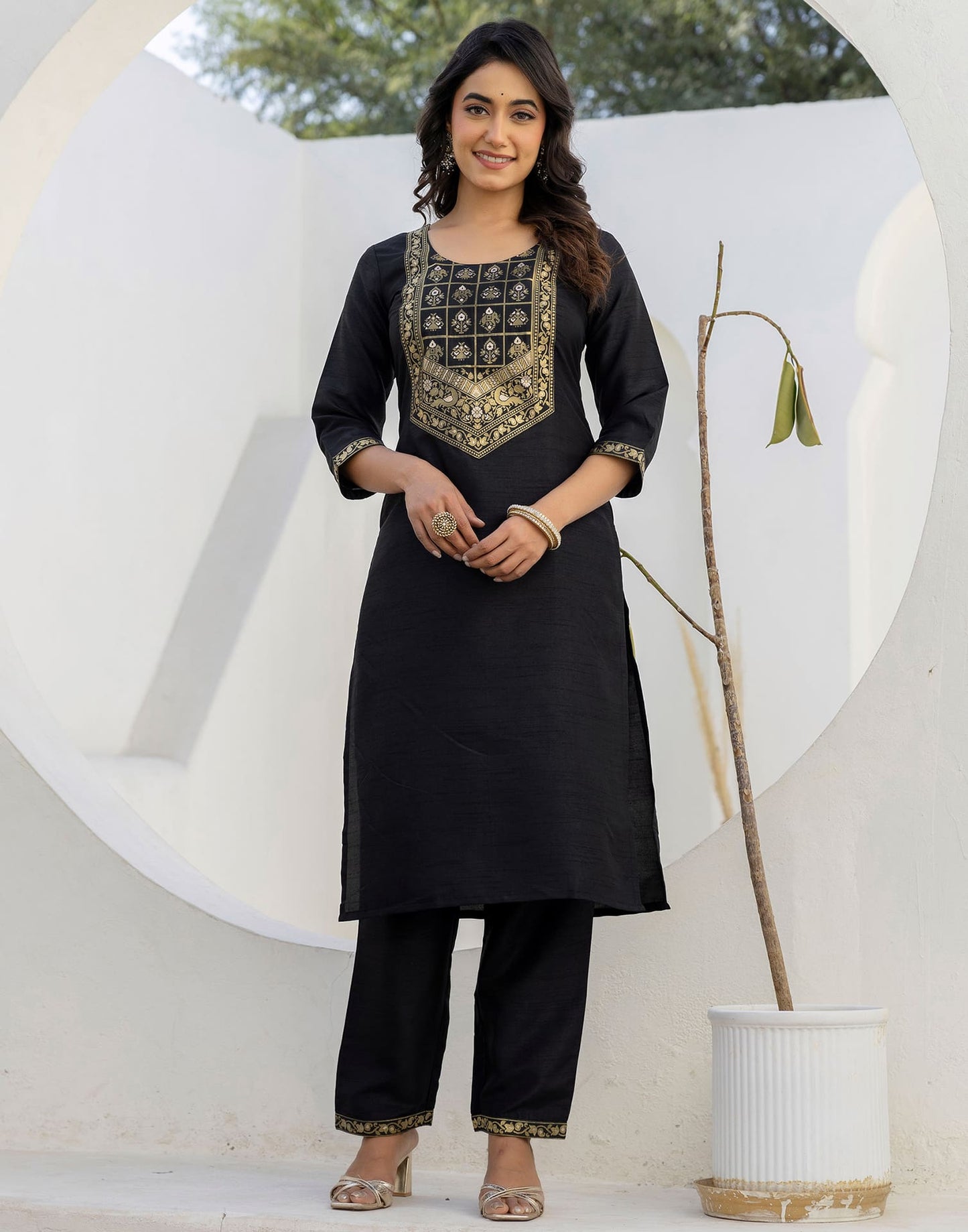 Silk Woven Design Straight Kurta with Pant & Dupatta