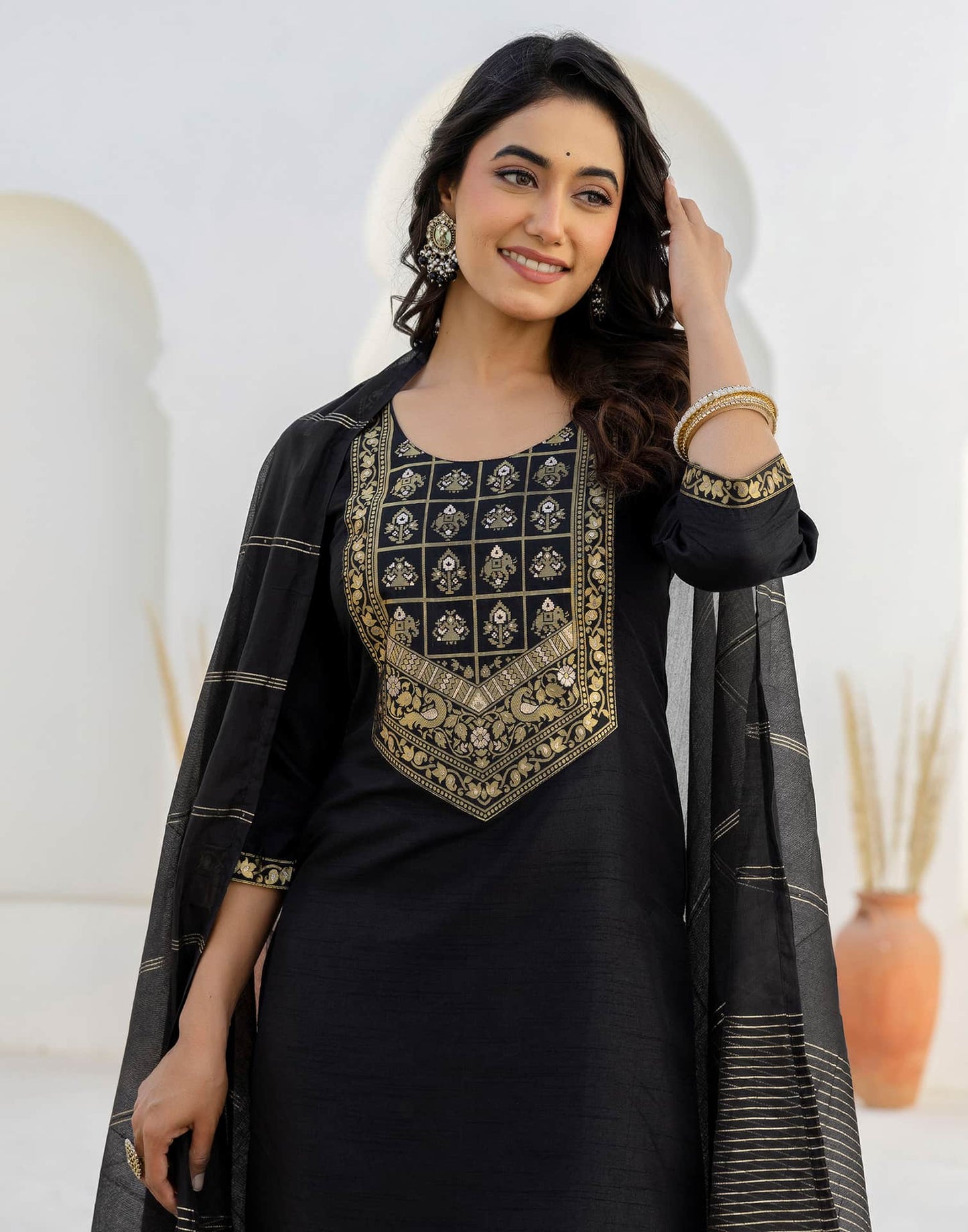 Silk Woven Design Straight Kurta with Pant & Dupatta