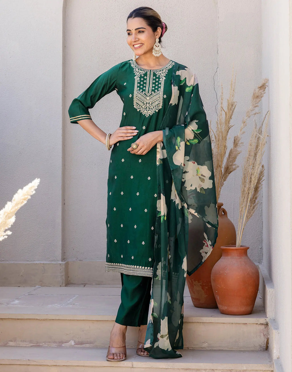 Silk Blend Embroidered Straight 3 Piece Kurta Set