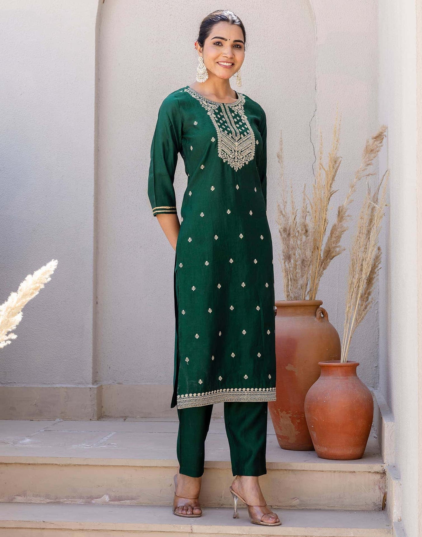Silk Embroidery, Sequins Work and Gota Lace Straight Kurta with Pant & Dupatta