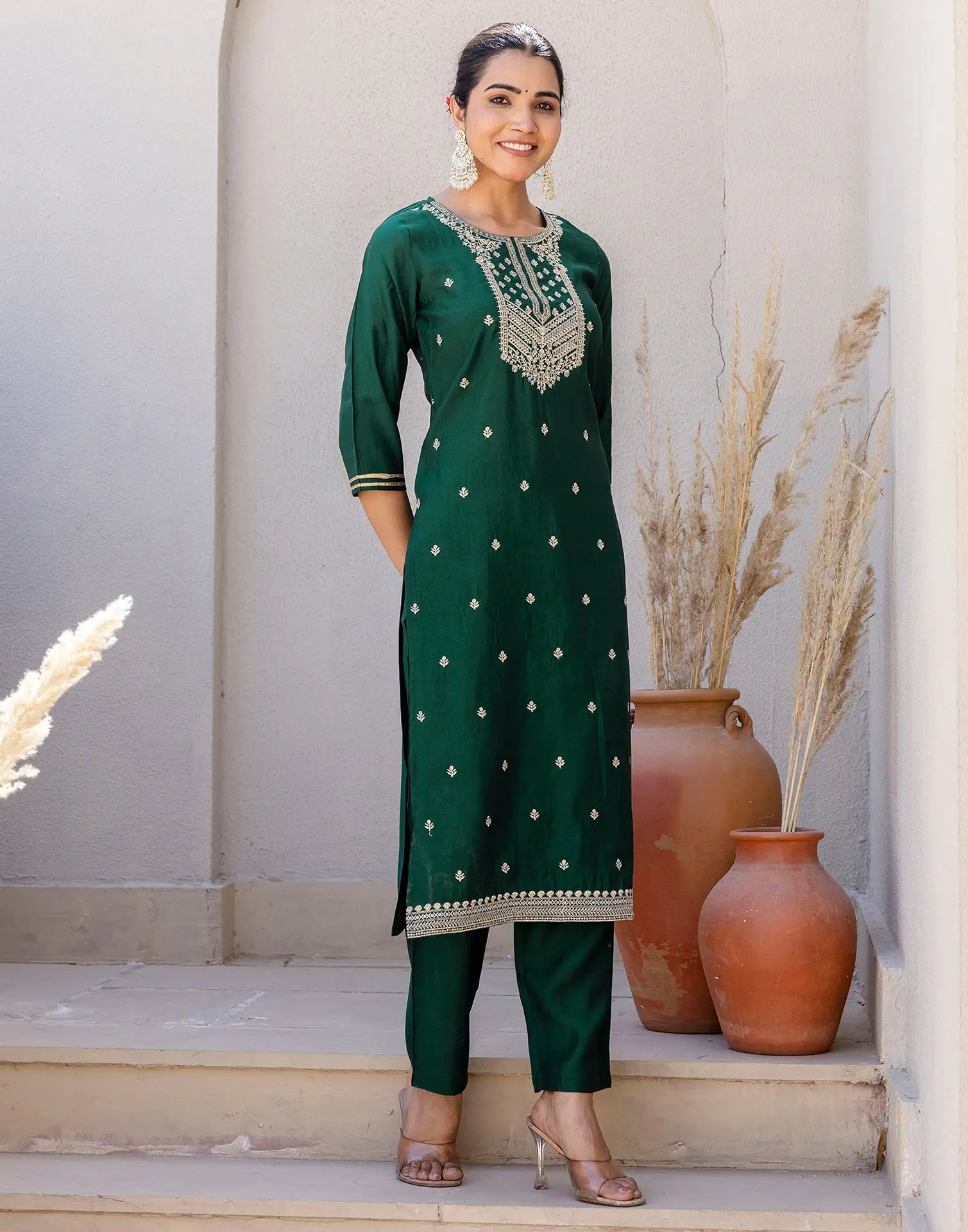 Silk Blend Embroidered Straight 3 Piece Kurta Set