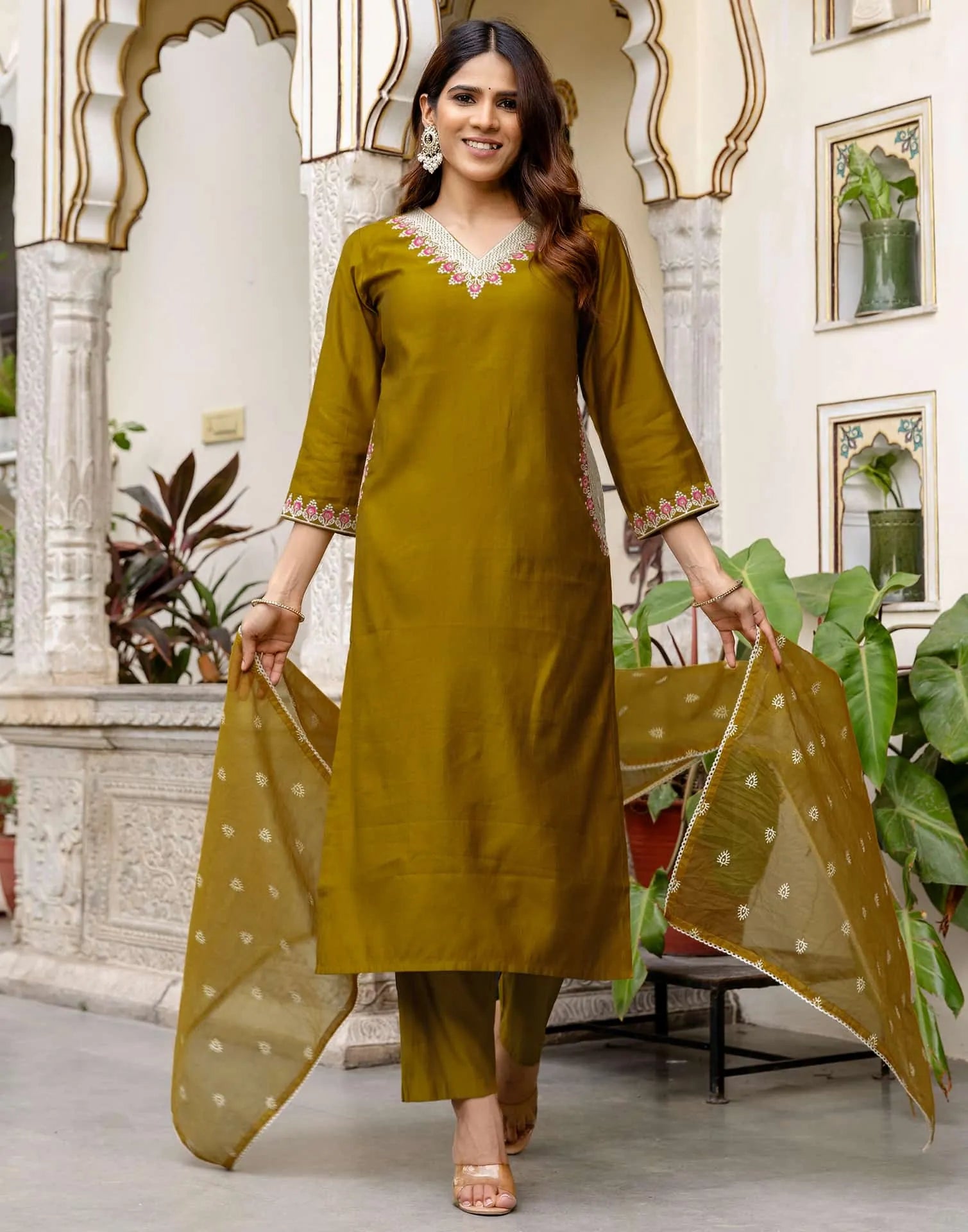 Green Silk Blend Embroidered Straight Kurta with Pant & Dupatta