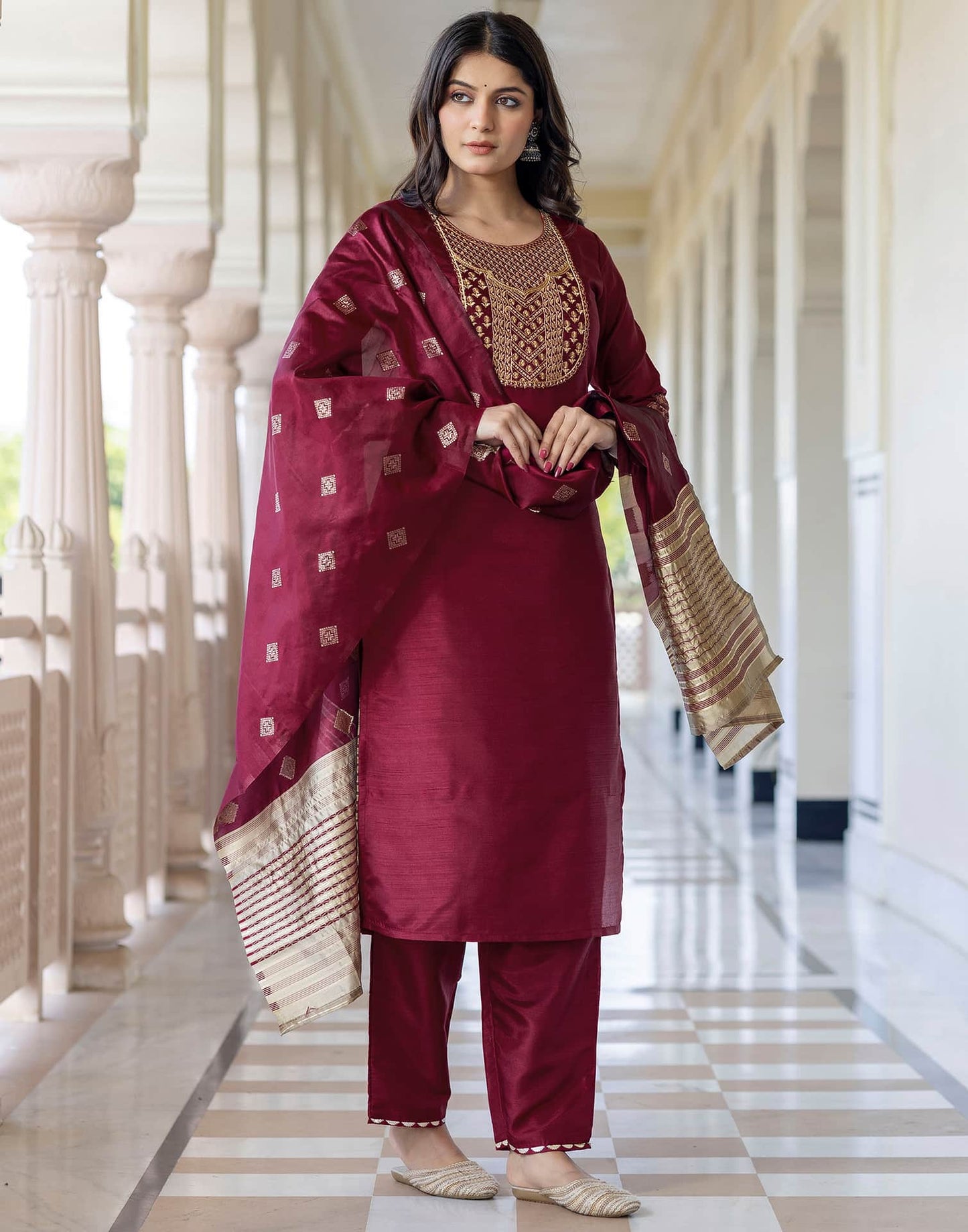 Silk Embroidered Straight Kurta with Pant & Dupatta