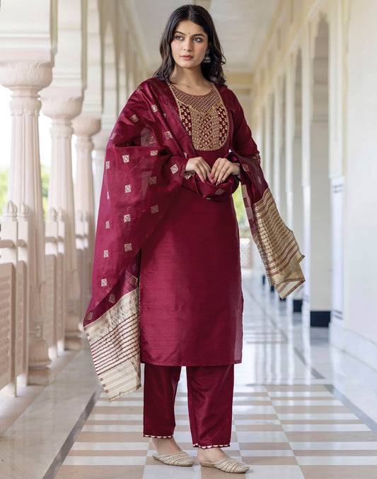 Maroon Silk Embroidered Straight Kurta with Pant & Dupatta for Women