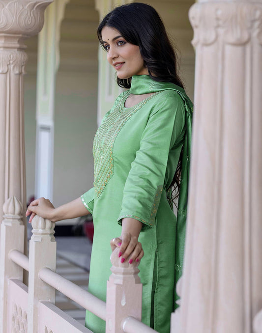Silk Blend Embroidery and Sequins Work Straight Kurta with Pant & Dupatta