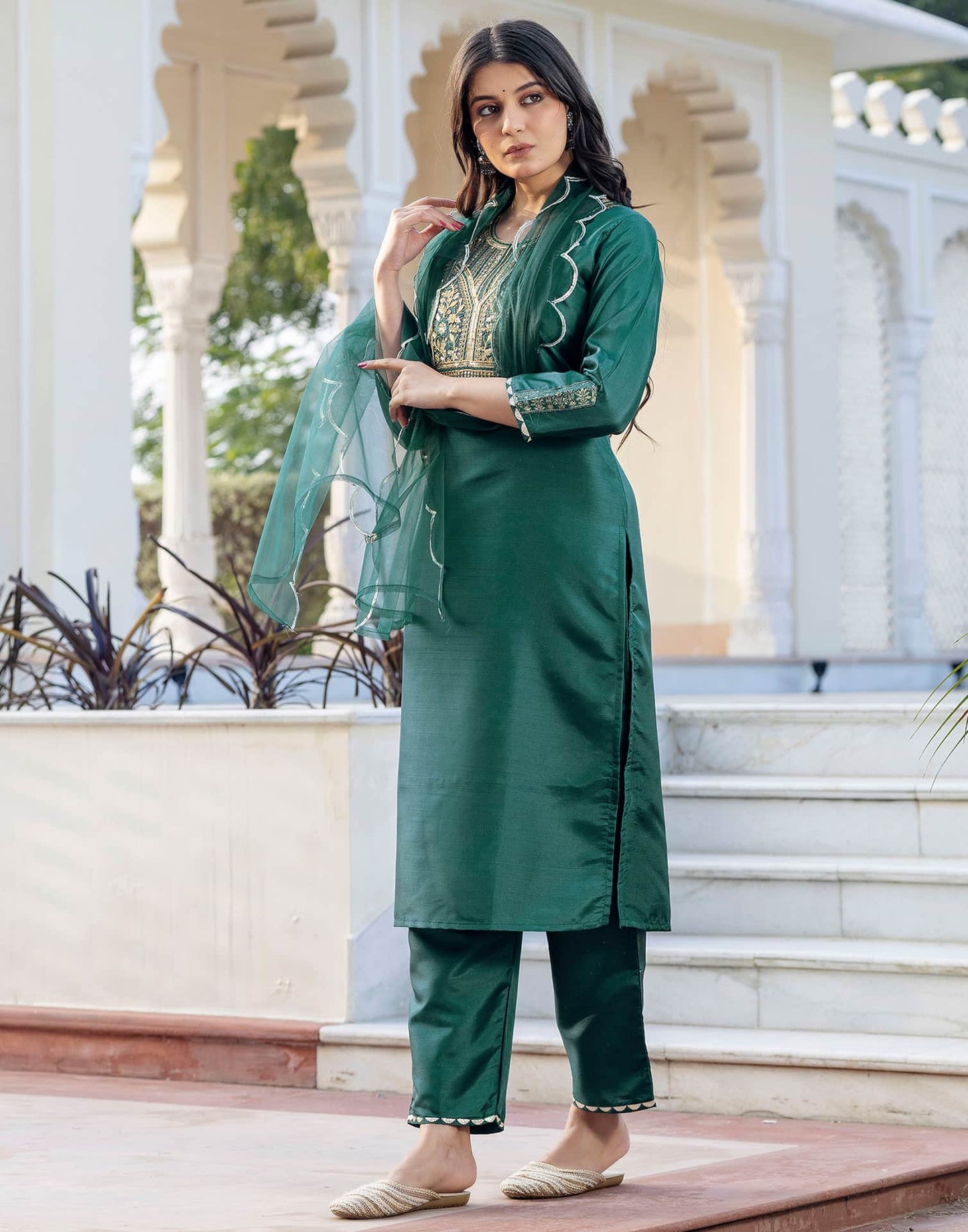 Silk Blend Embroidery and Sequins Work Straight Kurta with Pant & Dupatta