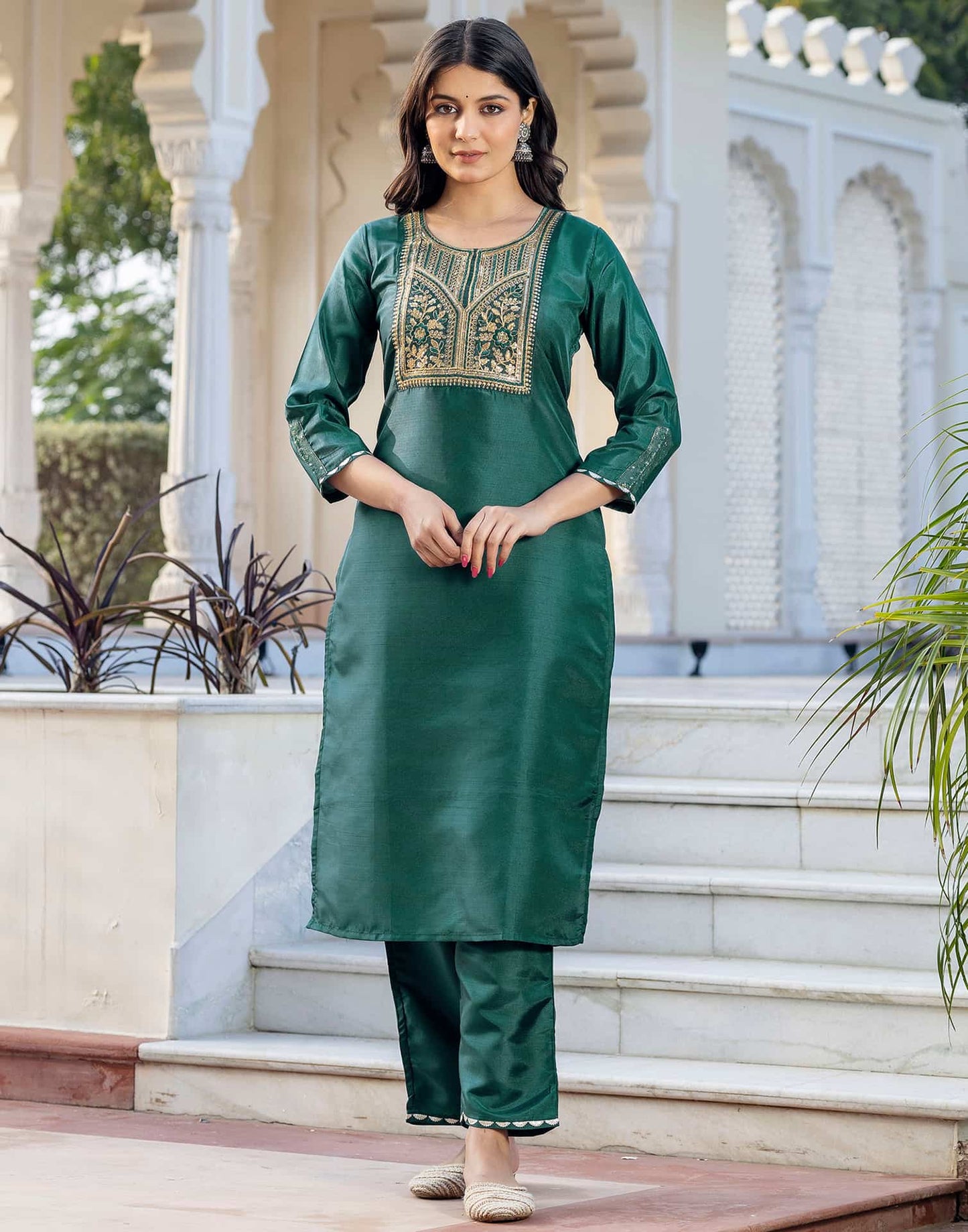 Silk Blend Embroidery and Sequins Work Straight Kurta with Pant & Dupatta