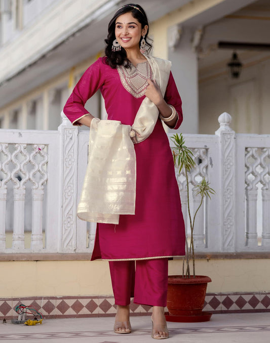 Silk Embroidered Straight Kurta with Pant & Dupatta