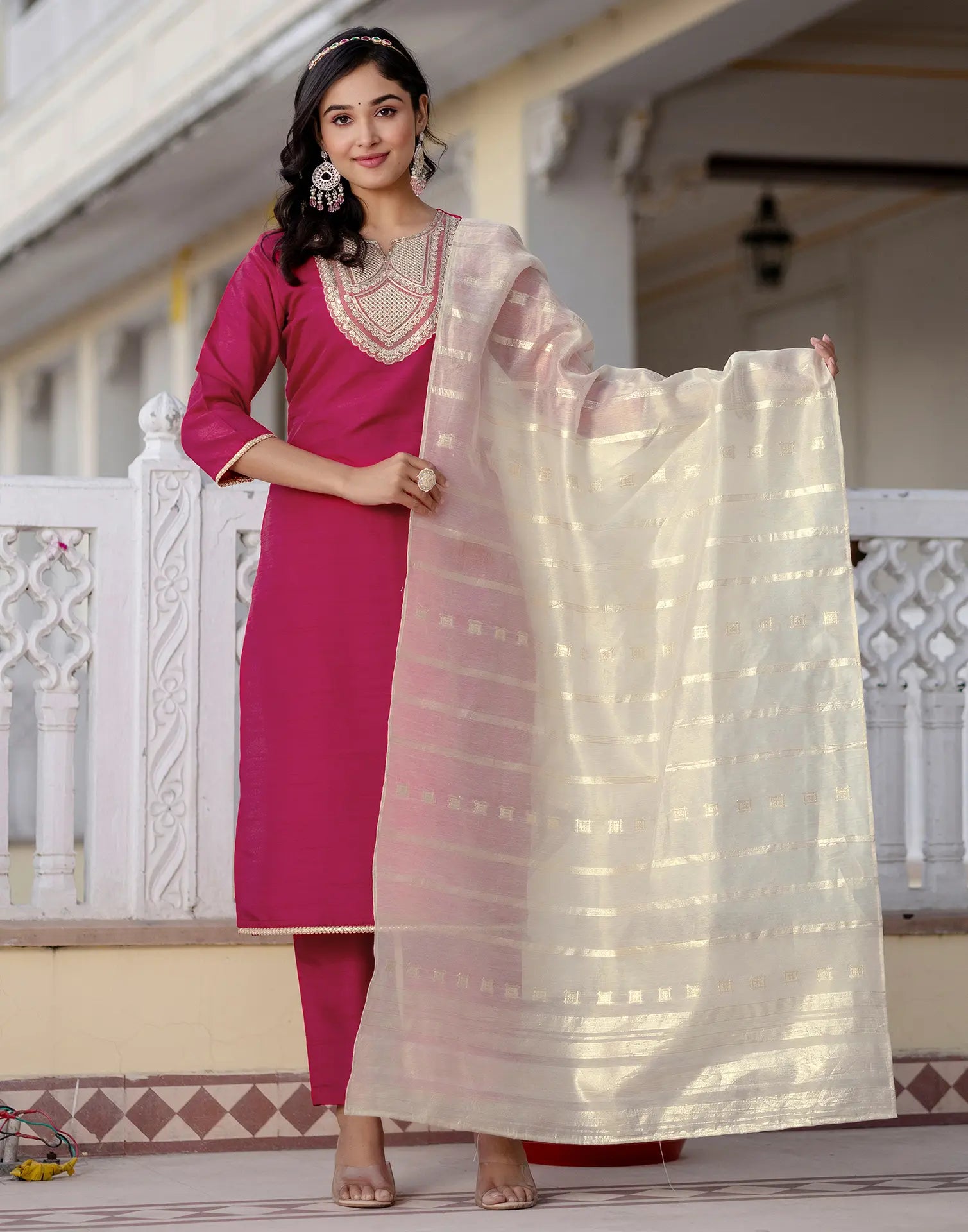 Silk Blend Embroidered Straight 3 Piece Kurta Set