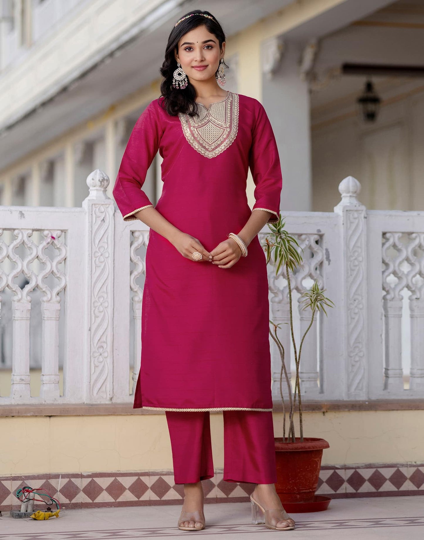 Silk Embroidered Straight Kurta with Pant & Dupatta